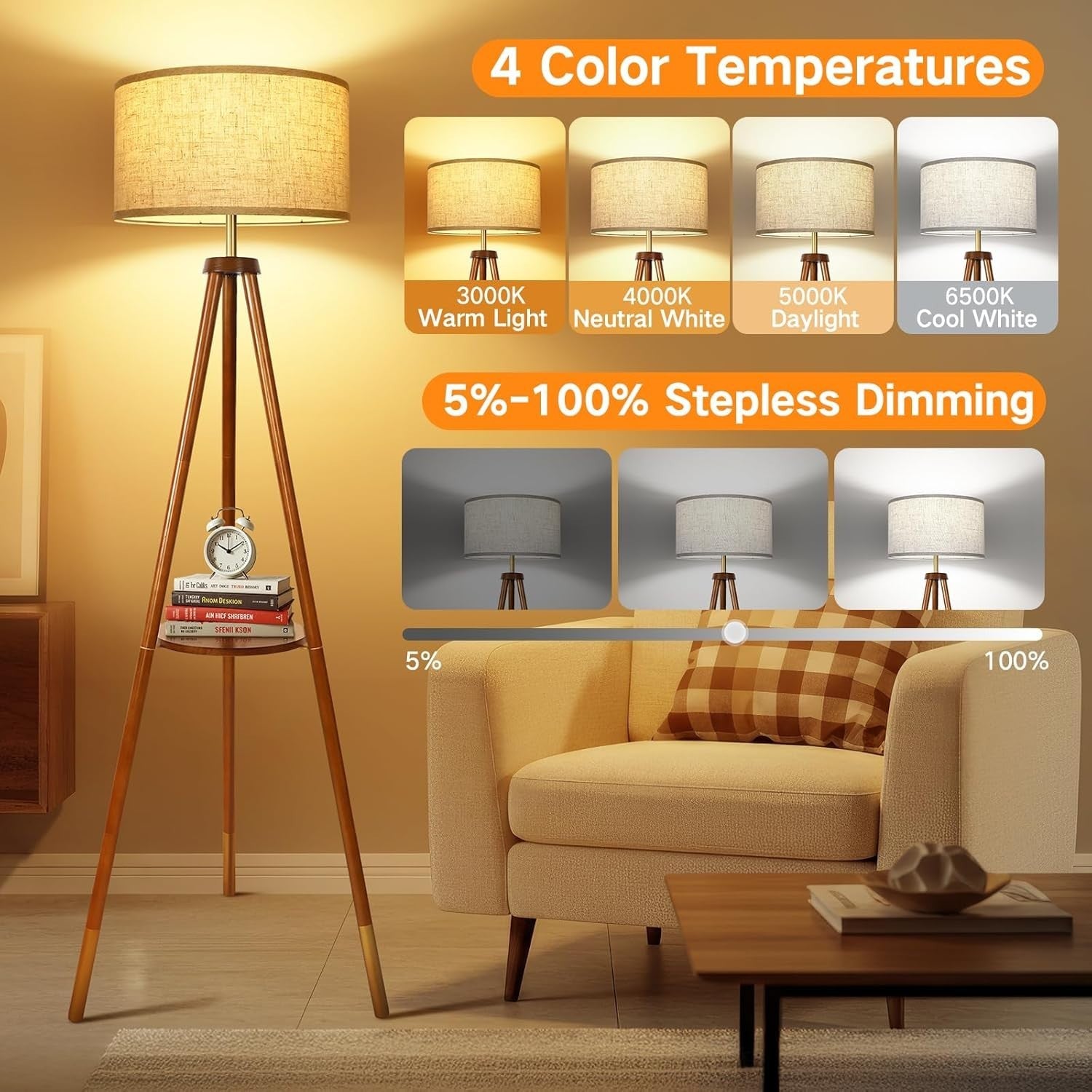 Dimmable Wooden Tripod Floor Lamp with Remote & Storage Shelf