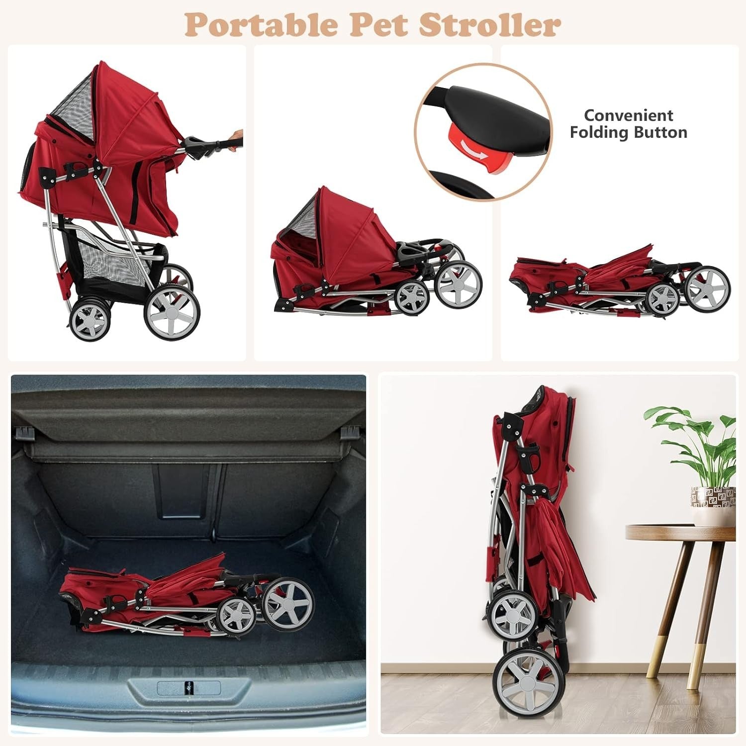 Pet Stroller Foldable Dog Cat Pushchair Lockable Wheels Canopy 15kg