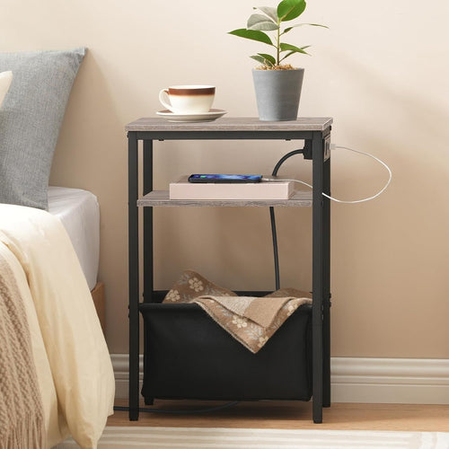 Slim Charging Side Table with USB Ports & Power Outlet, Greige Storage