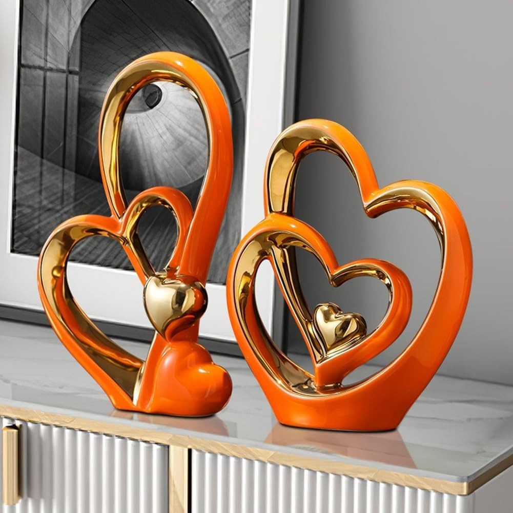 Modern Double Heart Ceramic Sculpture Gold Accent Ornament Romantic Home Decor