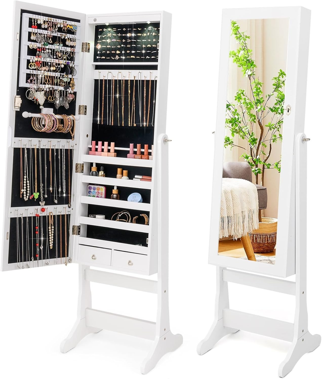 Freestanding LED Jewelry Cabinet Lockable Full Length Mirror Storage