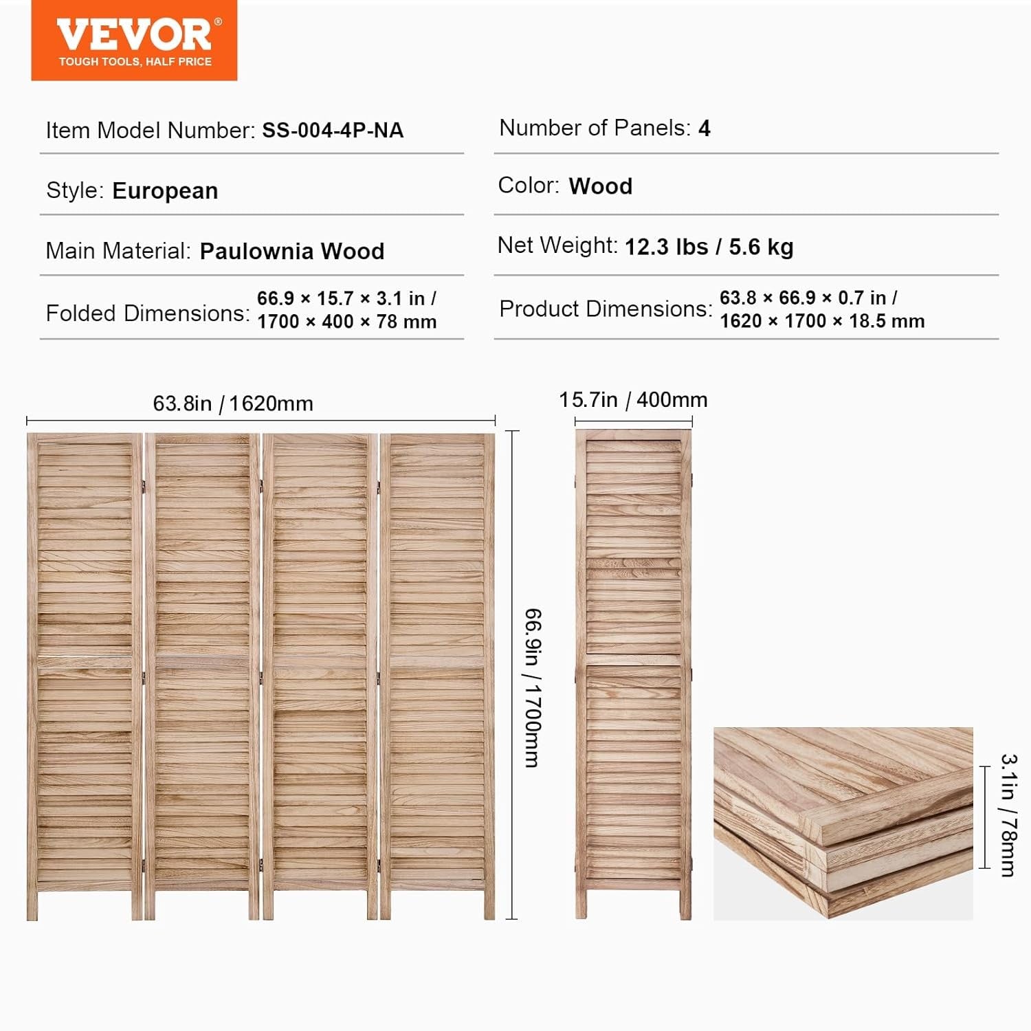 4 Panel Wooden Folding Room Divider Light Natural Privacy Screen 162x170cm