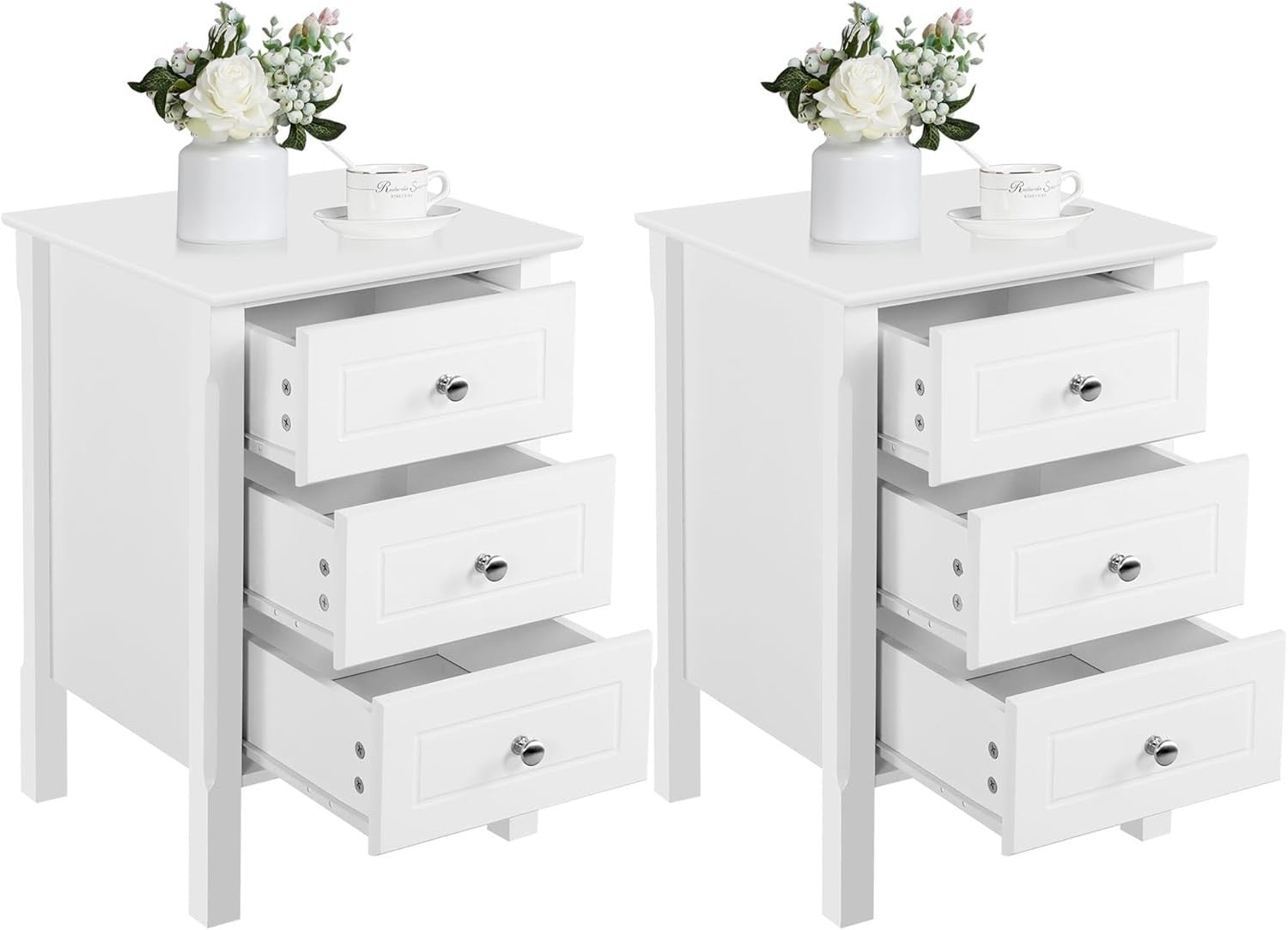 White Bedside Tables Set of 2 with 3 Drawers | Solid Wood Legs