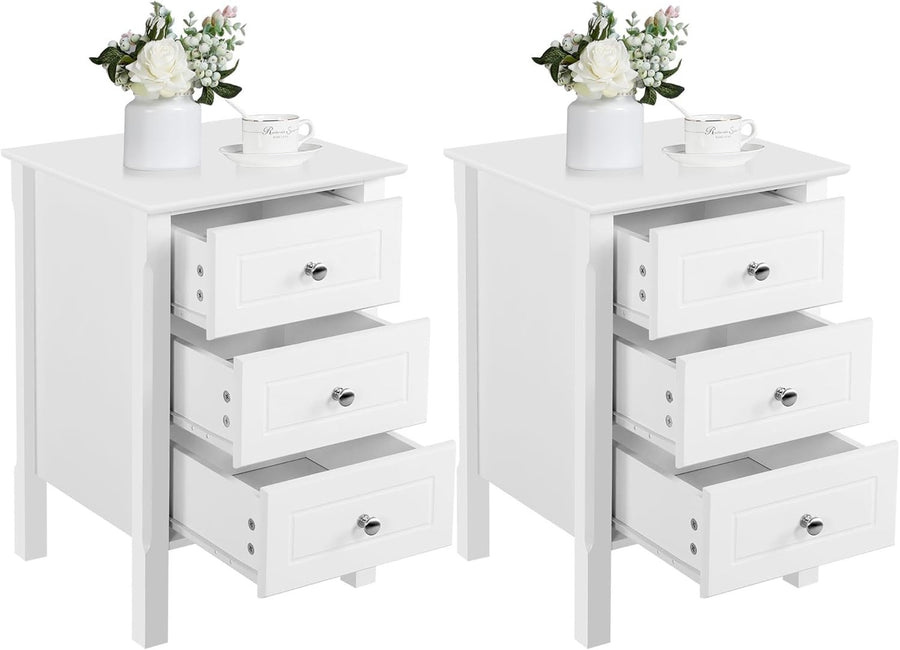 White Bedside Tables Set of 2 with 3 Drawers | Solid Wood Legs
