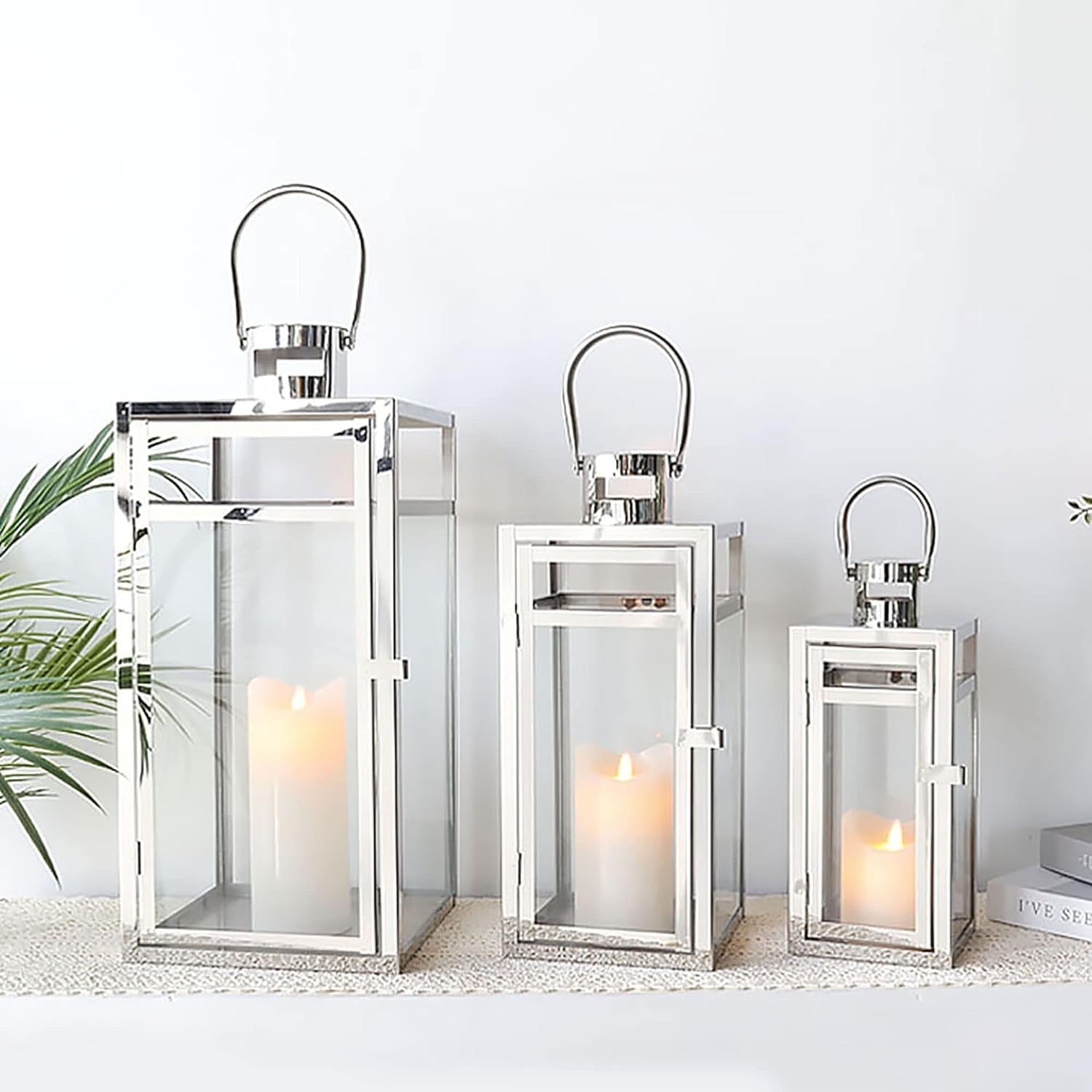 3 Pack Silver Stainless Steel Candle Lanterns Indoor Outdoor Decor