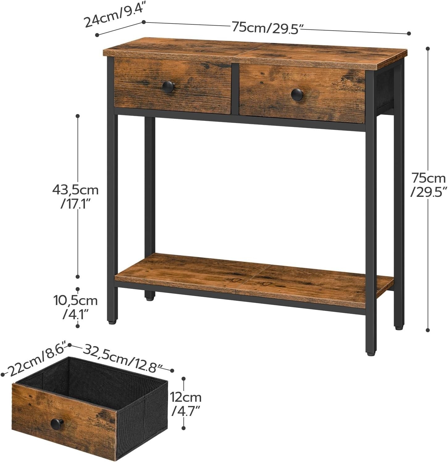 Slim Console Table with Storage Drawers & Shelf, Industrial Rustic Look