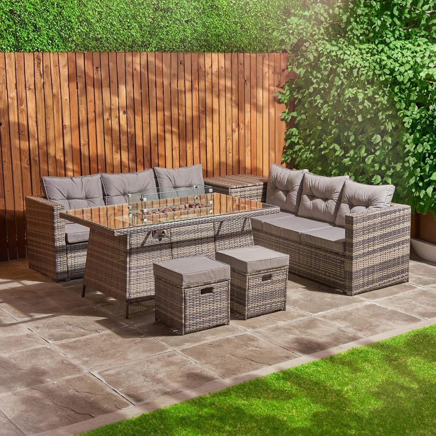 8 Seater Rattan Garden Sofa Set with Fire Pit Table & Footstools Grey