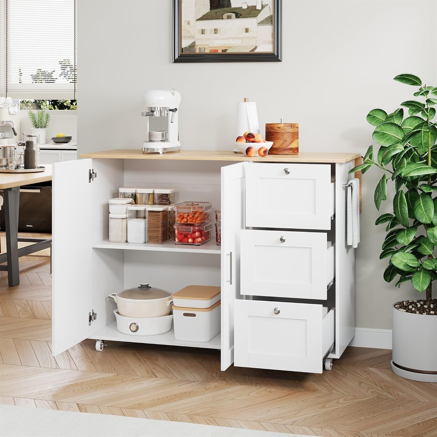 White Rolling Kitchen Island Foldable Worktop 135cm