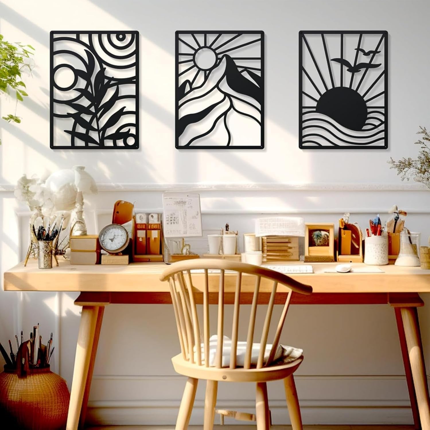 Large Metal Wall Art Set 3 Abstract Boho Black Minimalist Hanging Decor