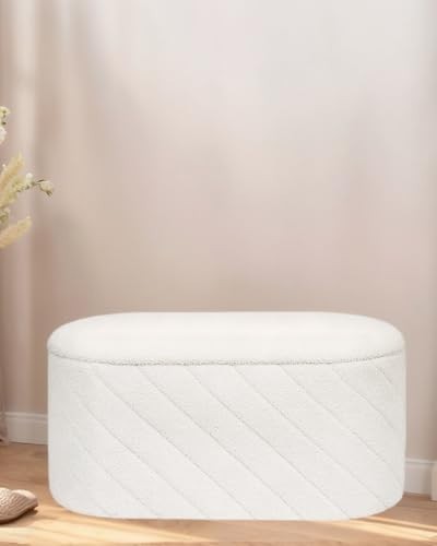 White Oval Storage Ottoman Bench 3-in-1 Seat Footrest with Hidden Storage