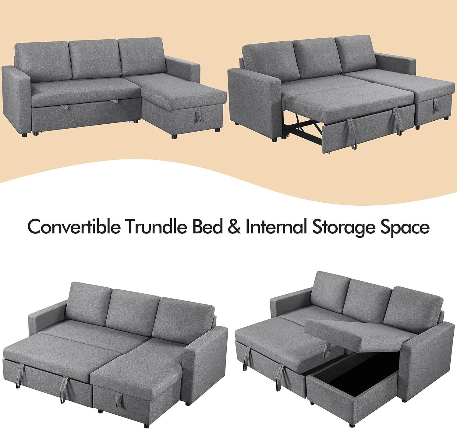 Light Grey L-Shaped Sofa Bed 3 Seater Pull Out Storage Sleeper Couch