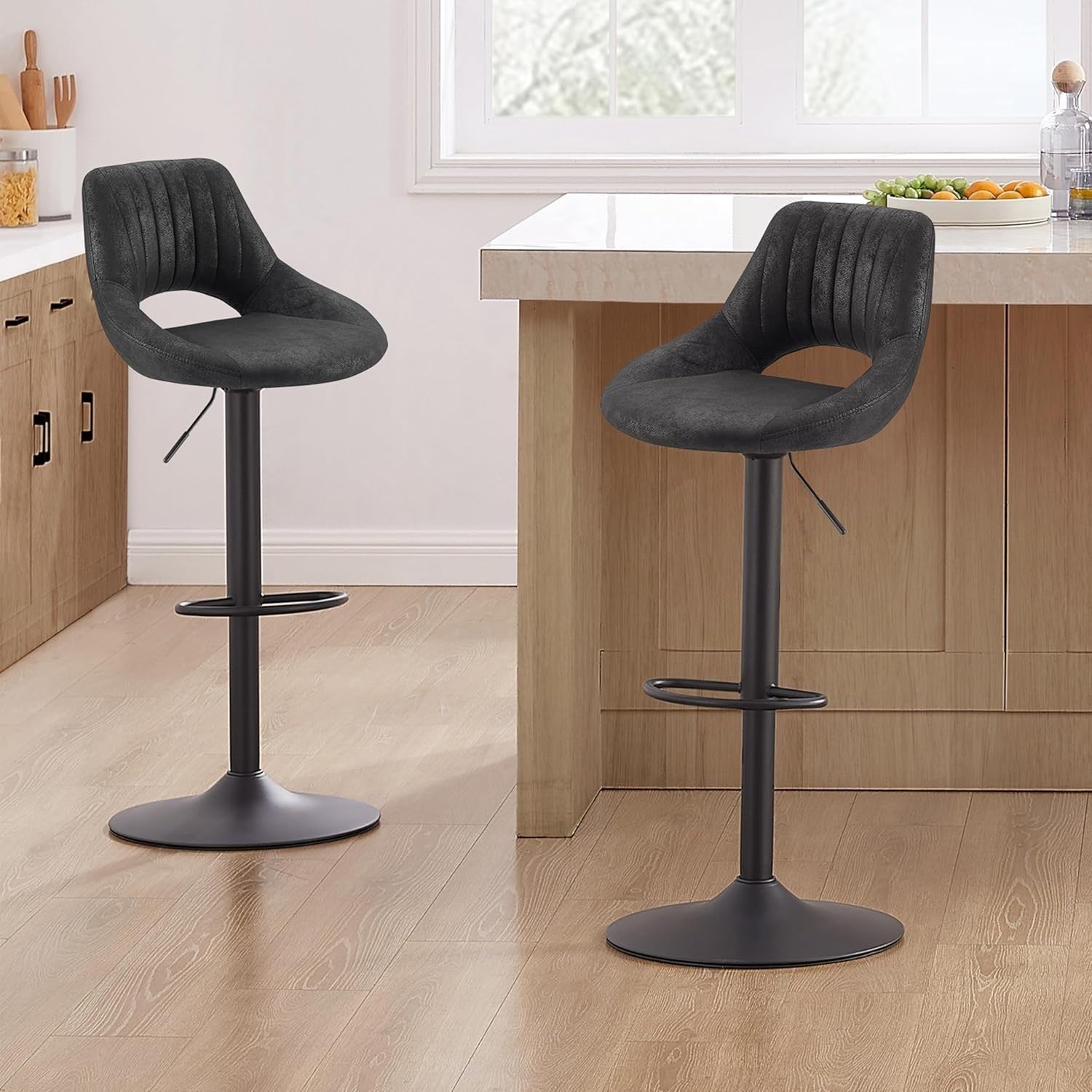 Black Bar Stools Set of 2 | Memory Foam Seat, Adjustable Swivel, Round