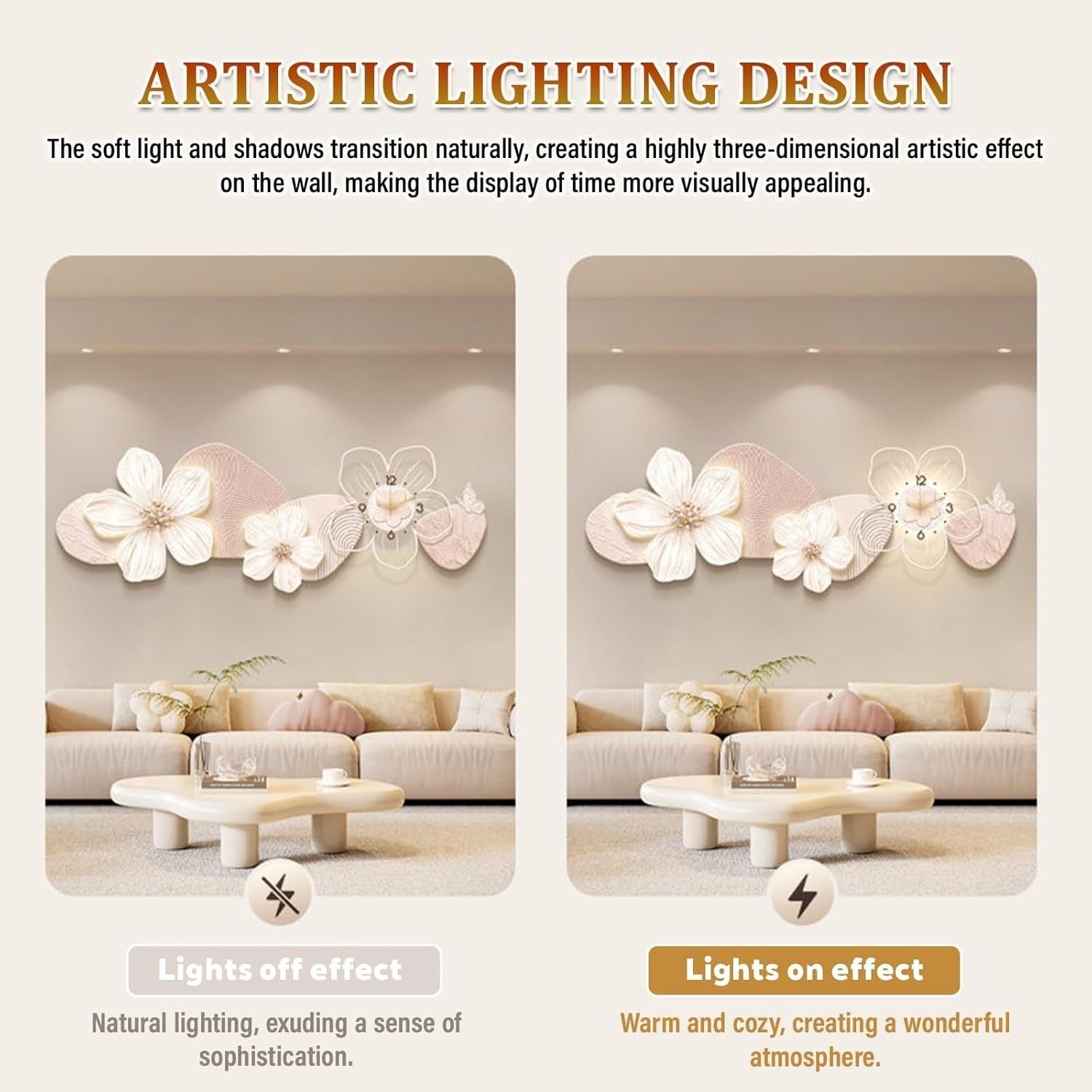 3D LED Wall Clock Flower Decor Silent Quartz Hanging Art Beige