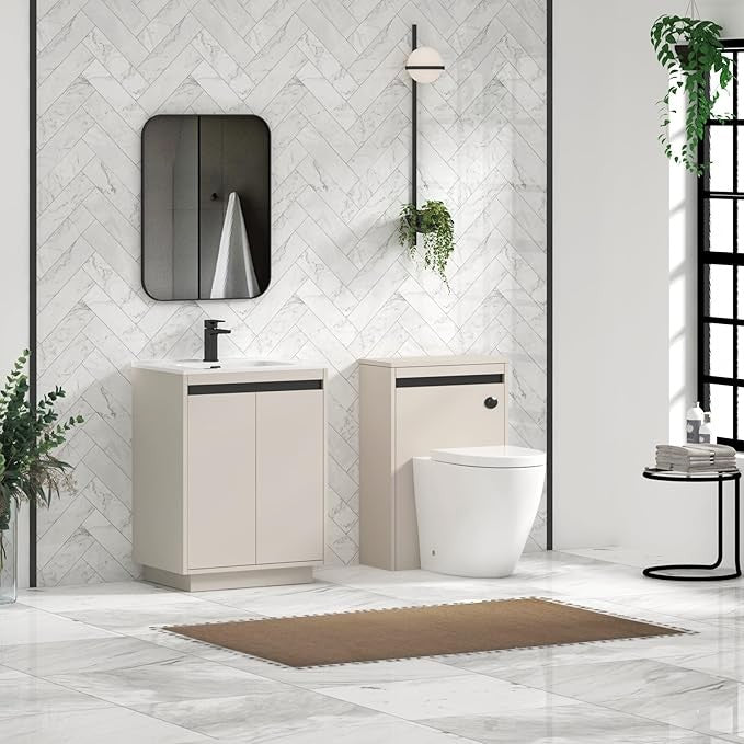 600mm Beige Floor Standing Vanity Unit with Basin Sink 2 Door Cabinet Modern