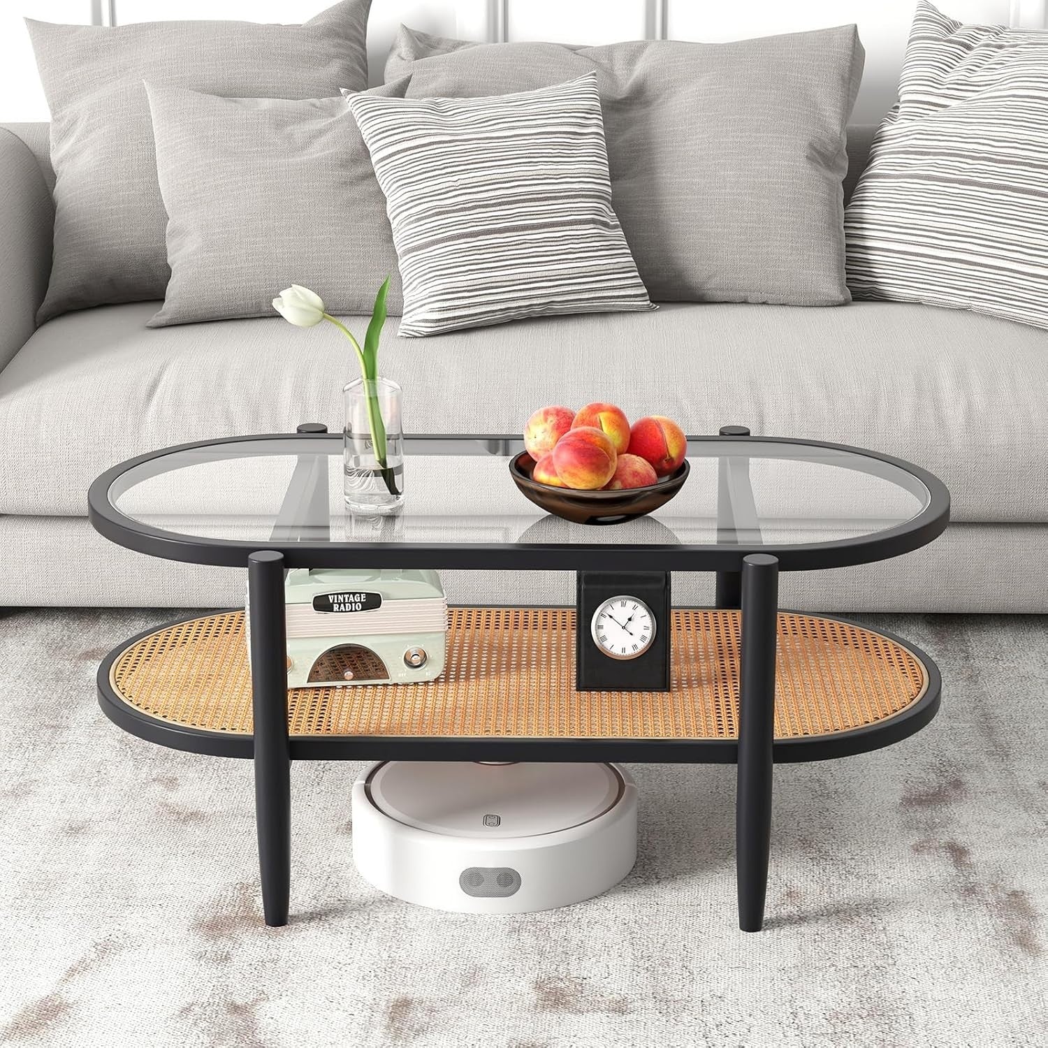 Black Glass Coffee Table with Rattan Shelf – 2-Tier Oval Wood Frame