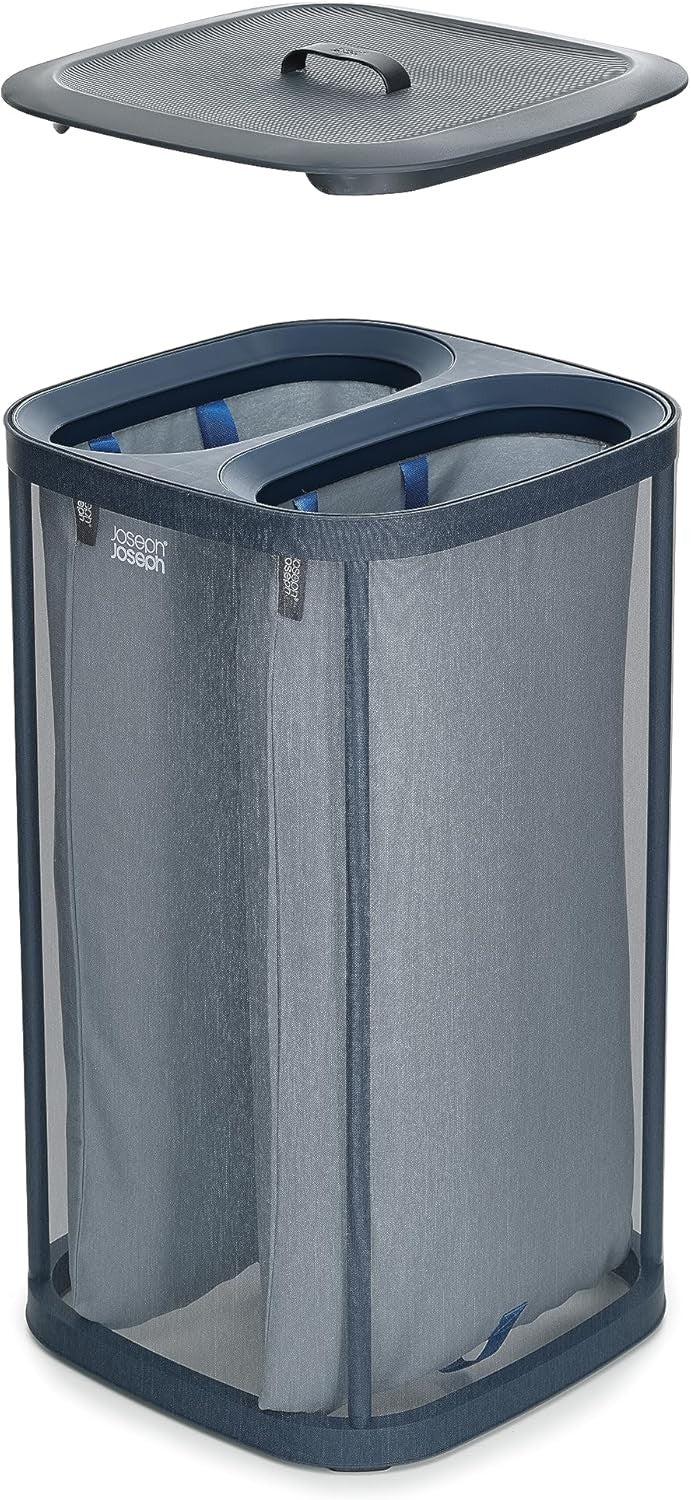 60L Dual Laundry Basket with Lid Removable Washing Bags Carbon Black Modern