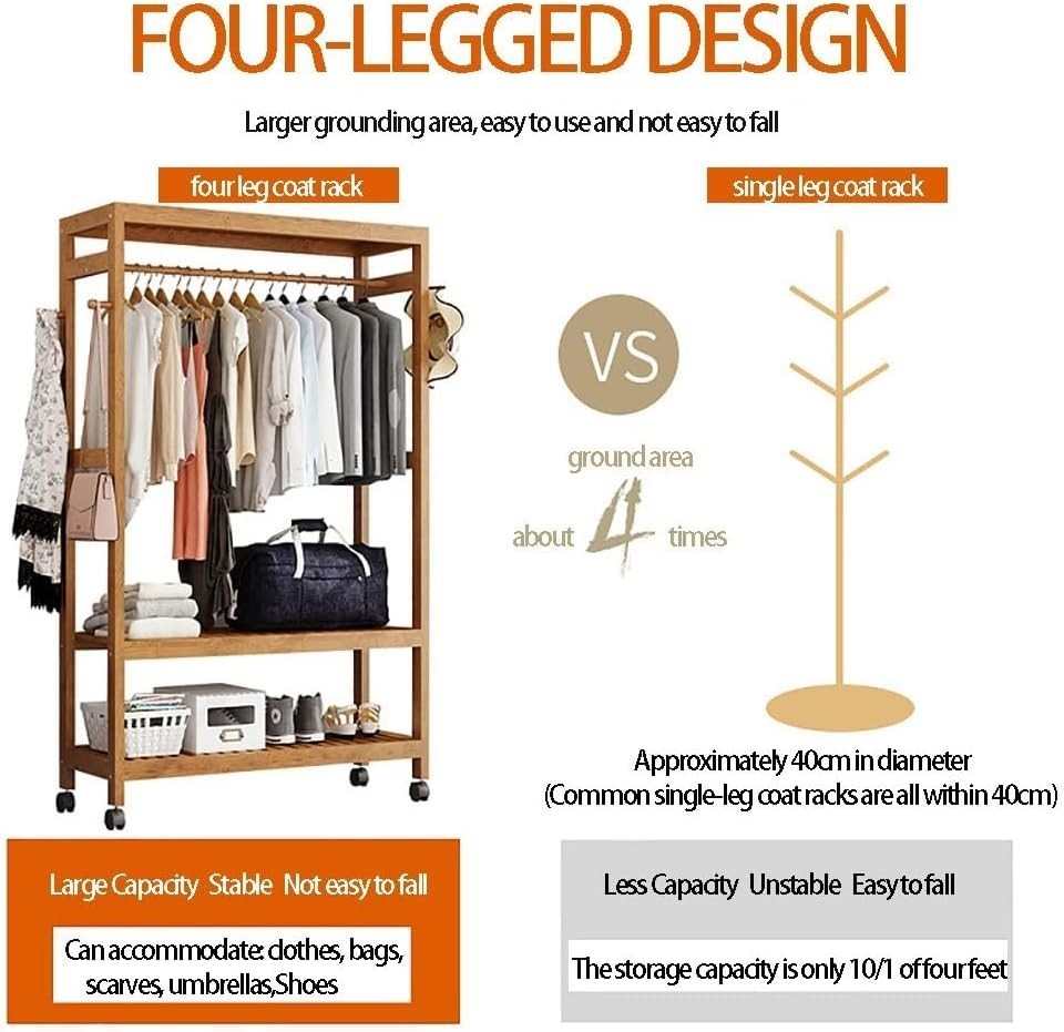 Bamboo Clothes Rack Garment Storage Trolley on Wheels