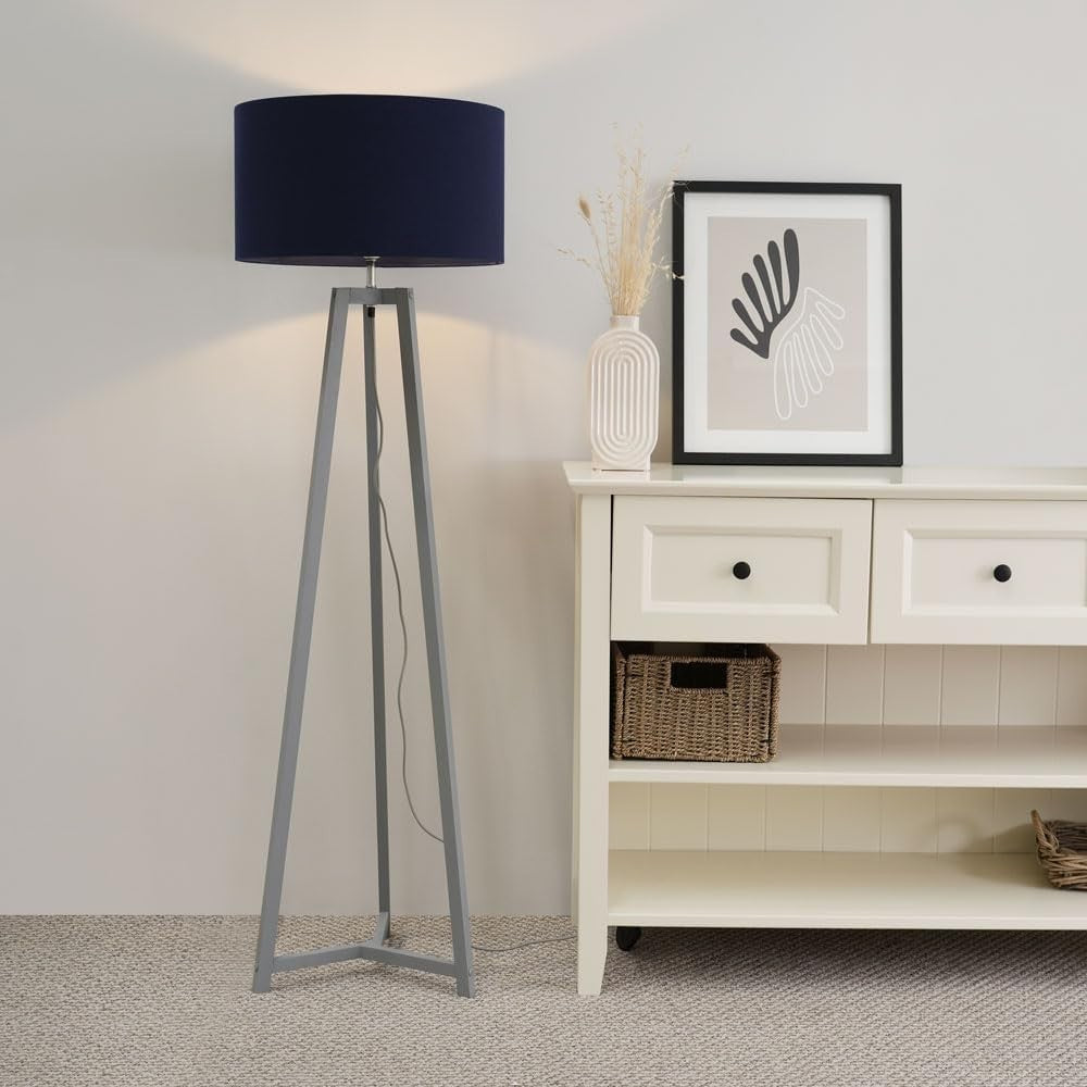 Grey Wooden Tripod Floor Lamp Navy Blue Drum Shade LED Living Room Light