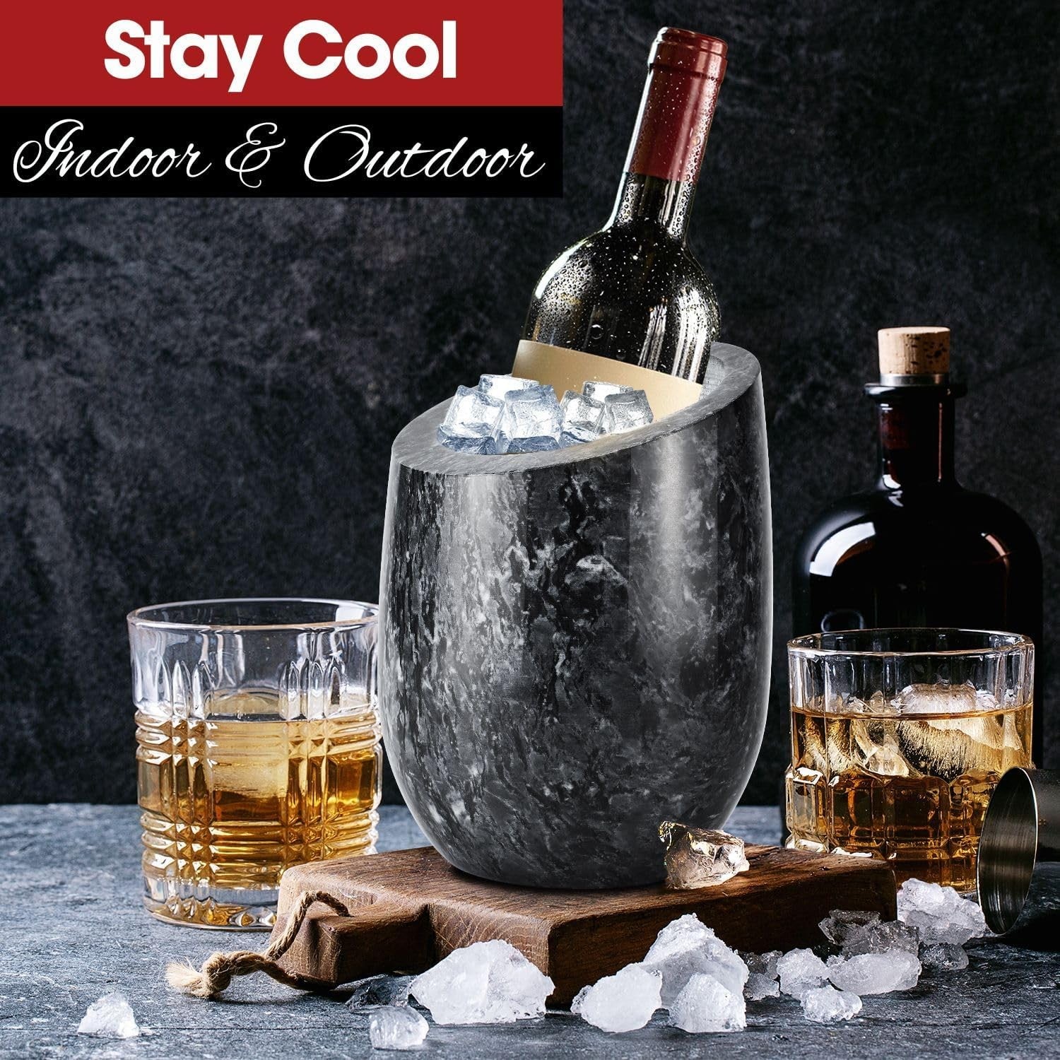 Black Marble Wine Chiller Bucket Champagne Cooler Ice Free Tabletop 750ml