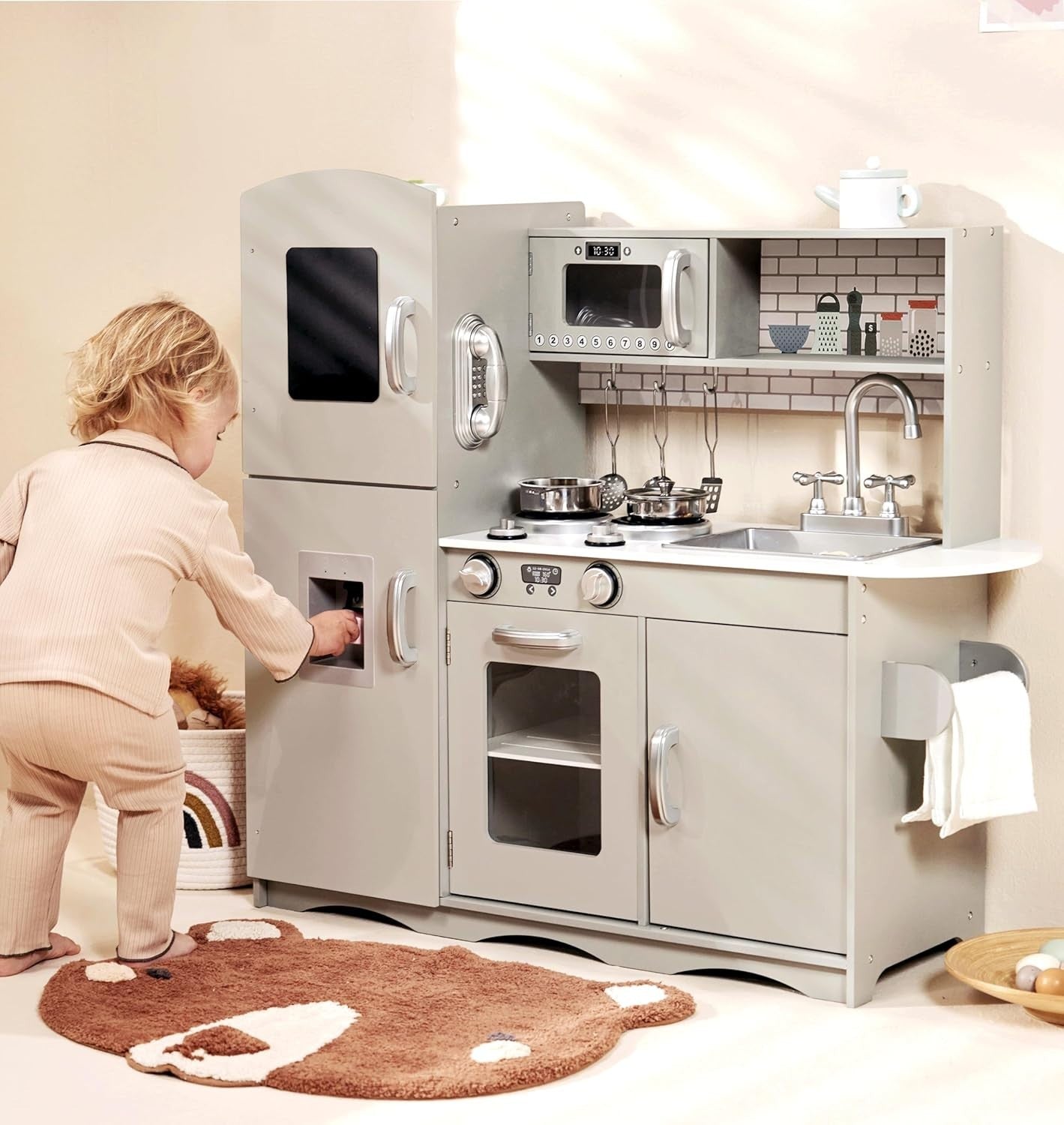 Large Wooden Kids Play Kitchen w/ Microwave Oven Sink Utensils