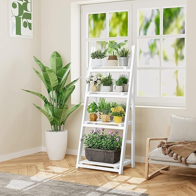 4 Tier Wooden Ladder Plant Stand Foldable Display Shelf Indoor Outdoor White
