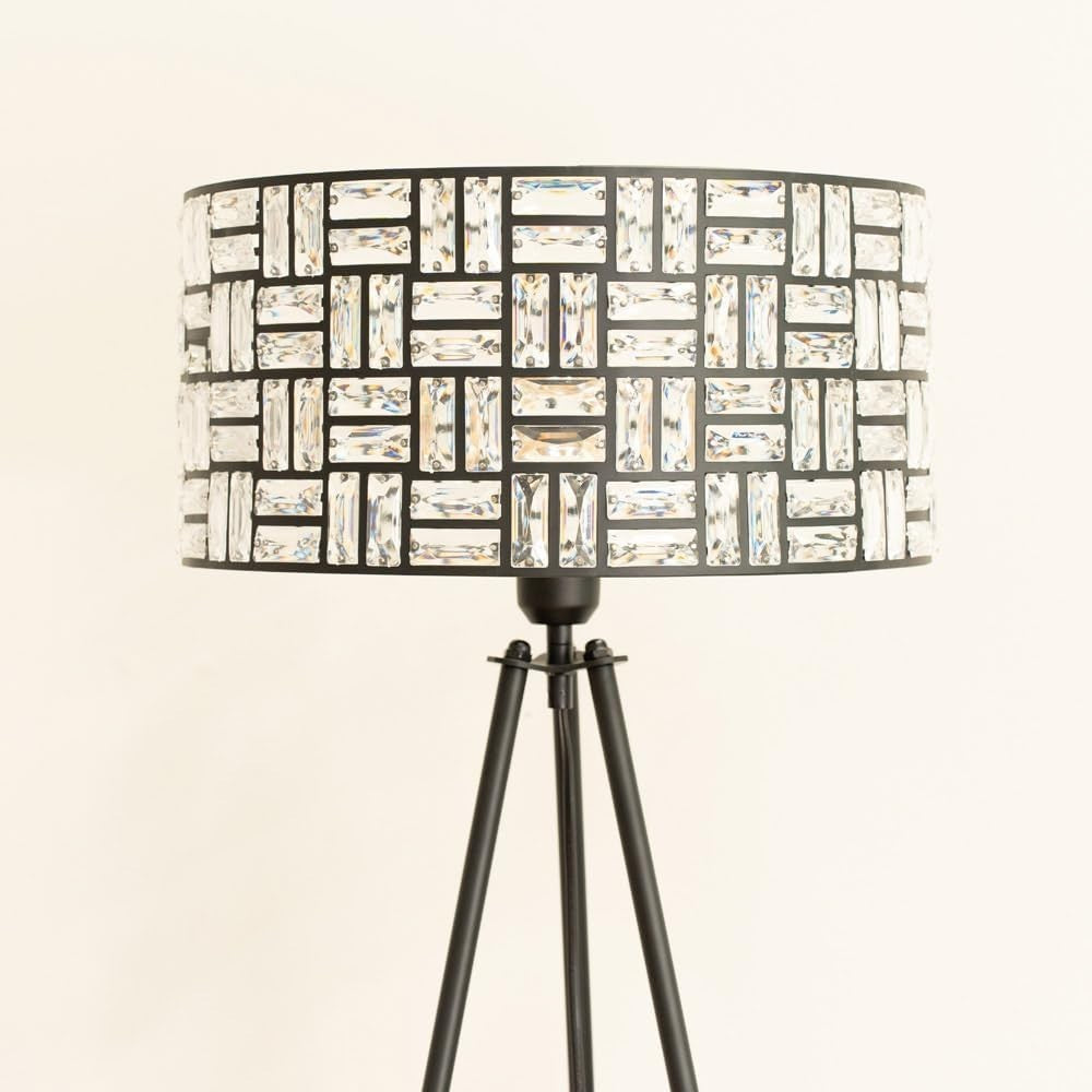 Black Tripod Floor Lamp Clear Acrylic Jewel Drum Shade LED Light