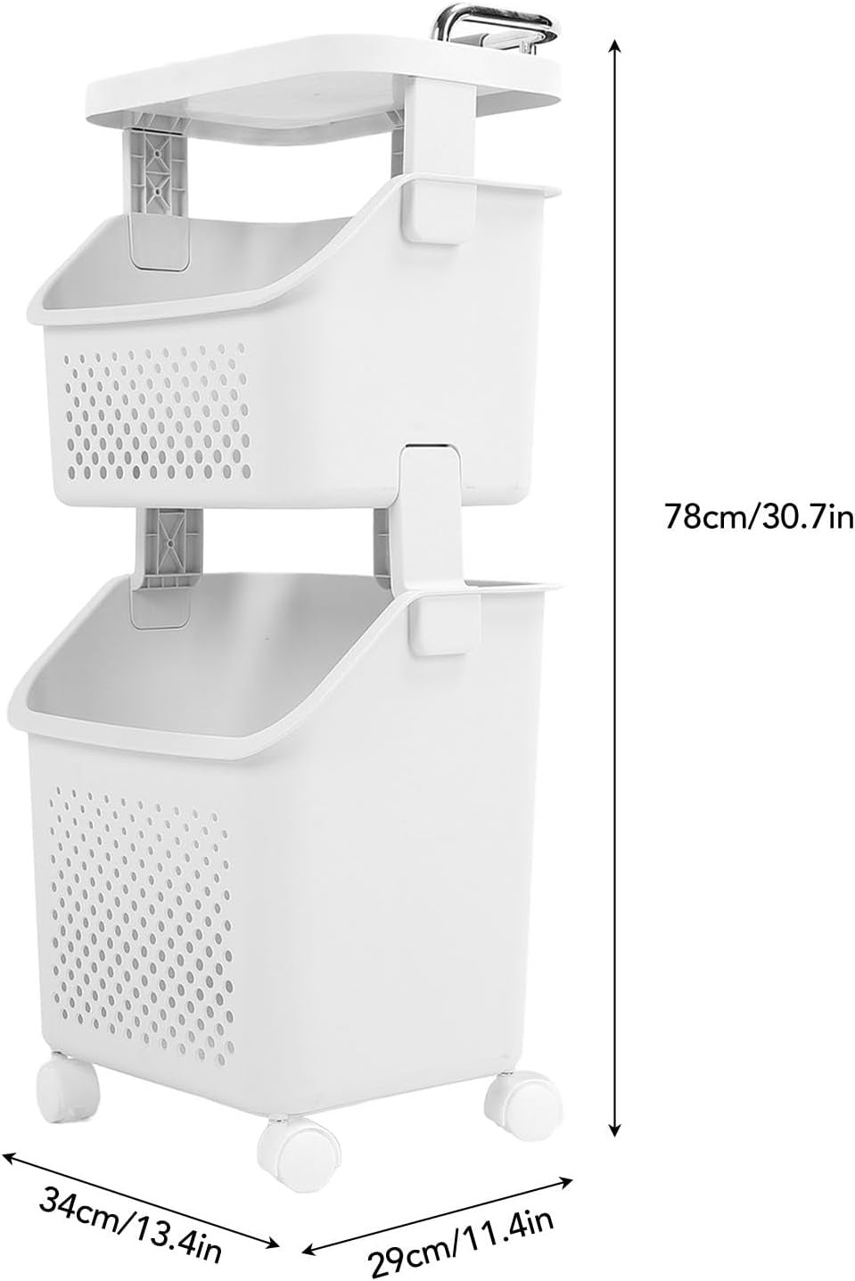 2 Tier Rolling Laundry Hamper Basket Stackable Organizer with Wheels White