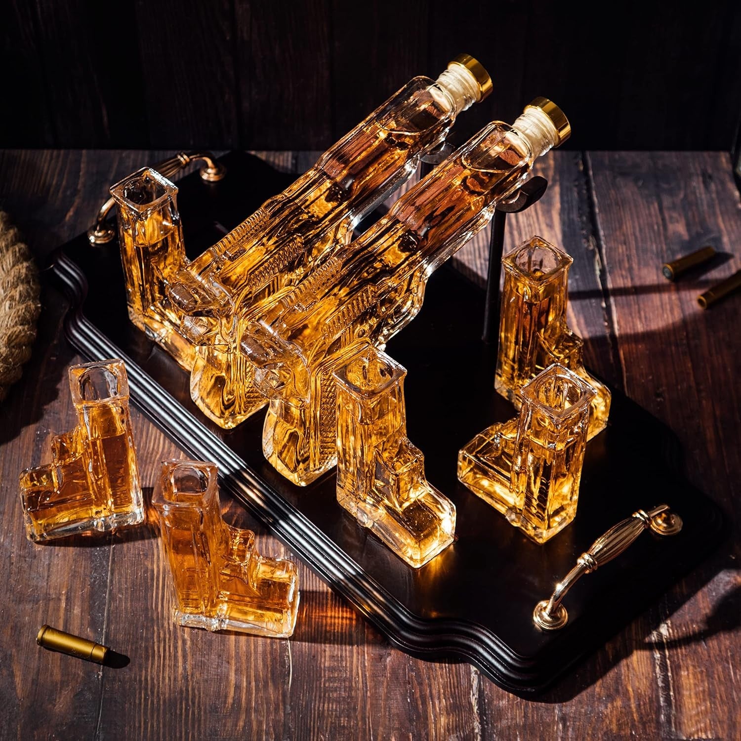 Whiskey Decanter Set with Bullet Glasses Stand | Unique Pistol Themed Gift for M
