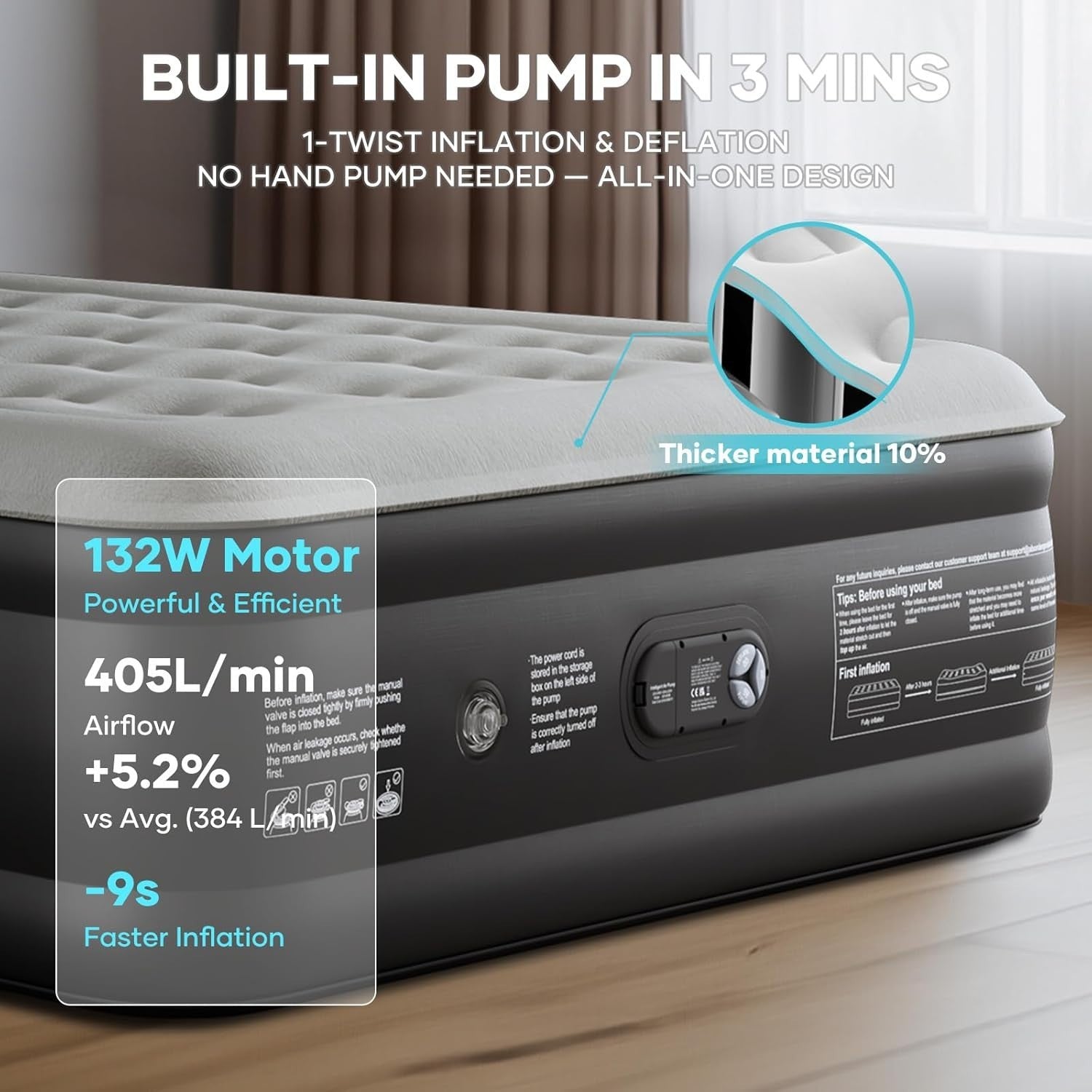 Double Air Bed Inflatable Mattress Built In Pump 50cm High Guest Bed