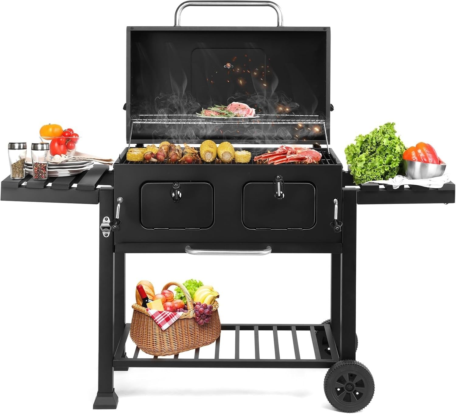 Large Dual-Zone Charcoal BBQ Grill with Adjustable Trays & Temp Gauge for Garden