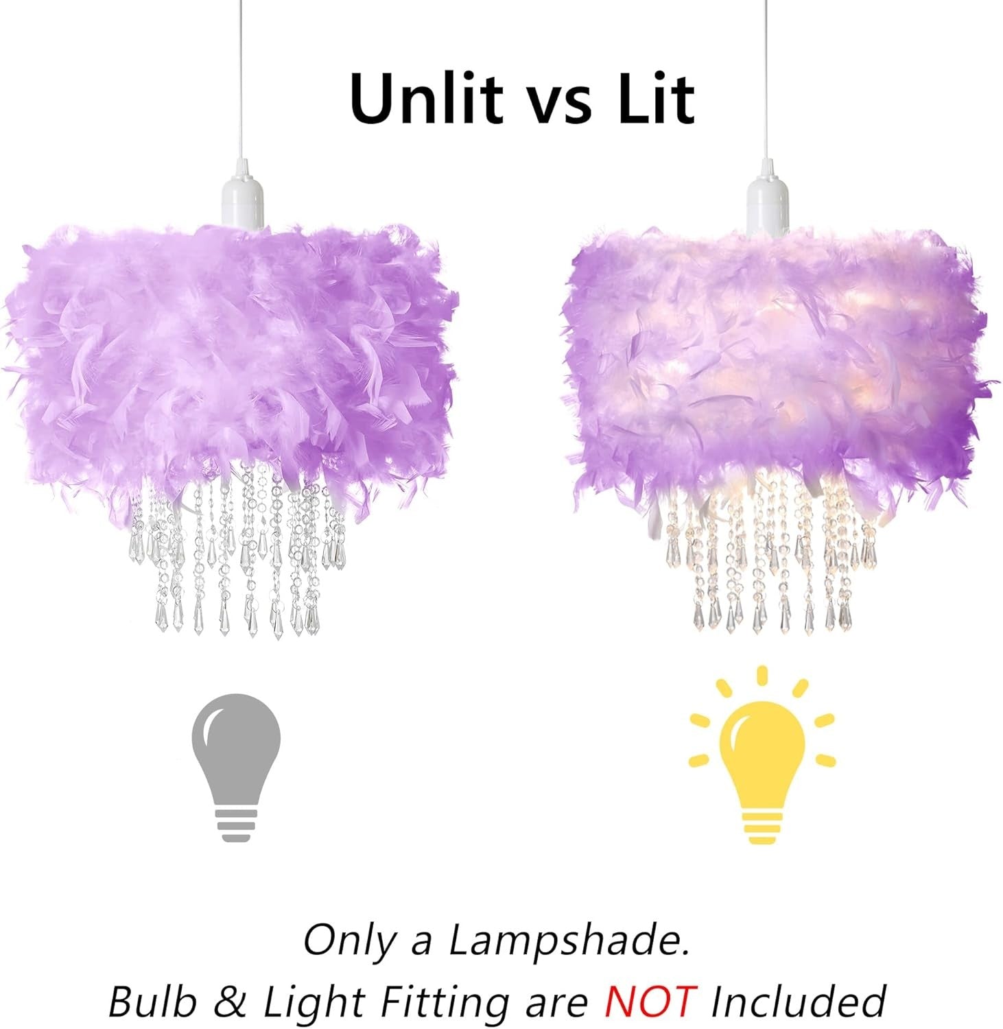 Feather Lampshade Purple Fluffy Ceiling Pendant Drum Shade Crystal Drops