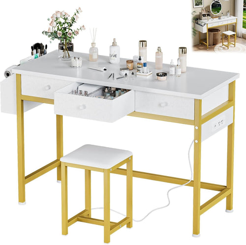 White Makeup Vanity Desk Set Compact Dressing Table 3 Drawers & Stool