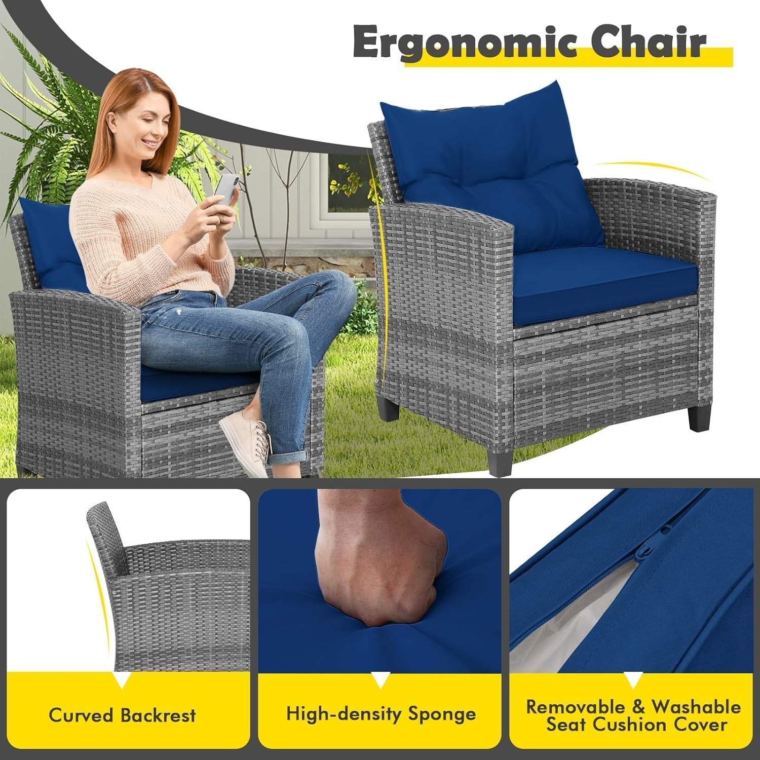 Luxury Rattan Patio Conversation Set Cushioned Chairs Glass Table Garden