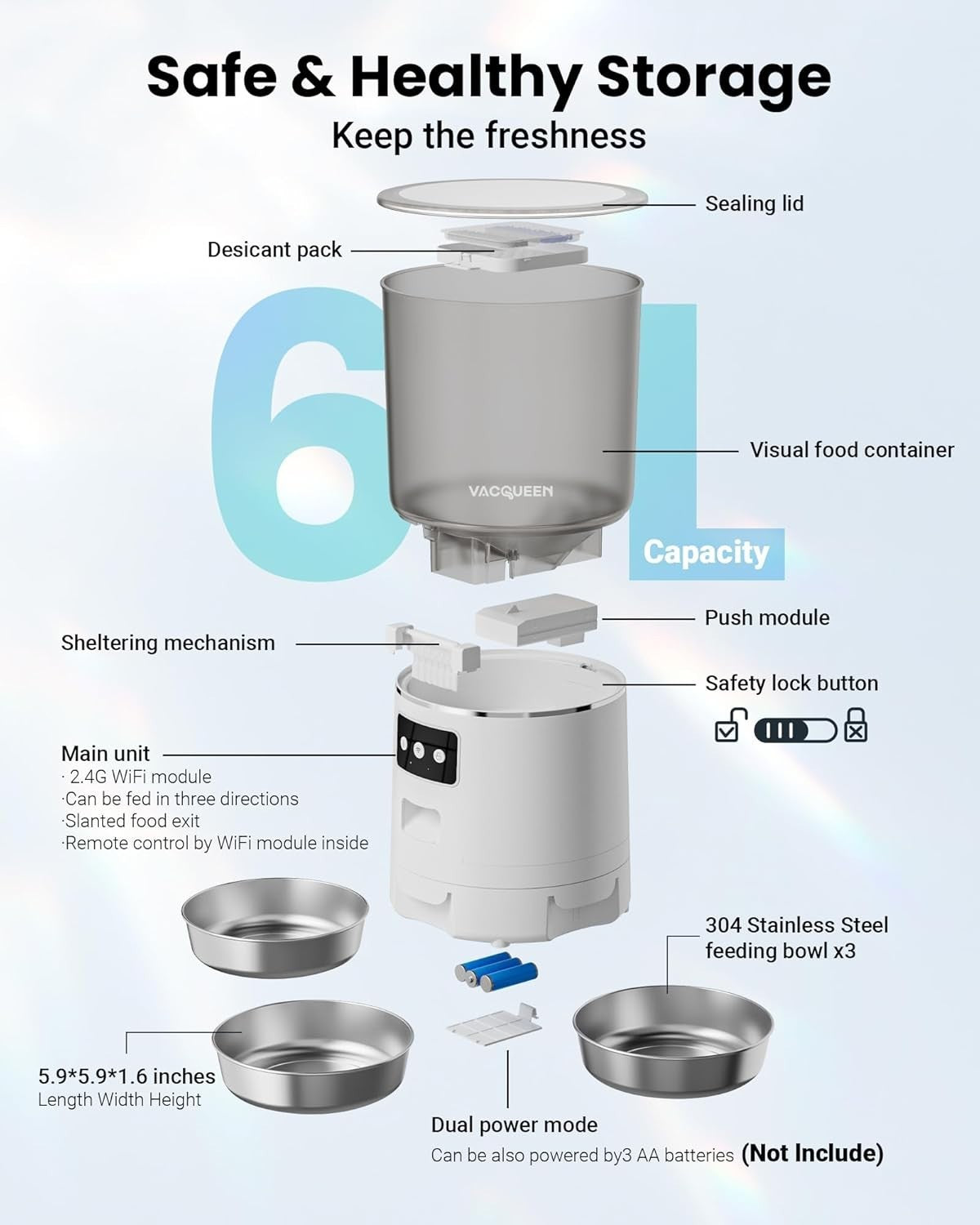 3 Bowl Automatic Cat Feeder 6L WiFi Pet Food Dispenser for 3 Cats