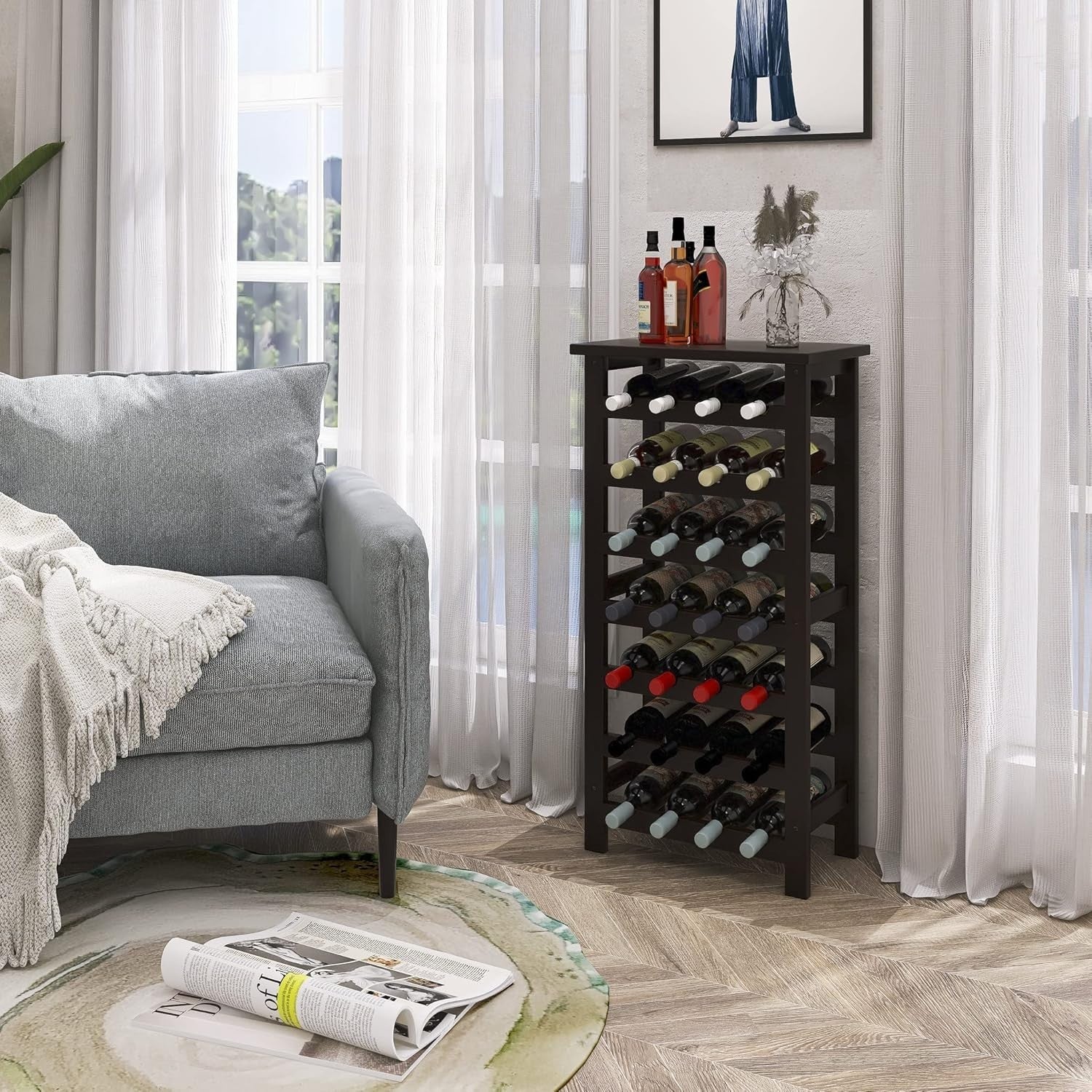 28 Bottle Wine Rack Freestanding Bamboo Shelf Storage 7 Tier Stand