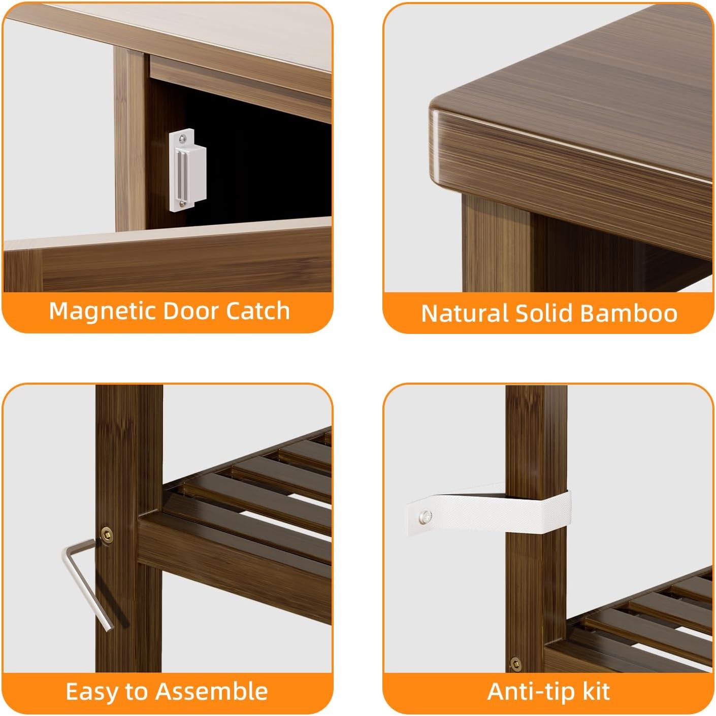 Walnut Bamboo Storage Cabinet with Door & Shelves Modern 63x33x87cm