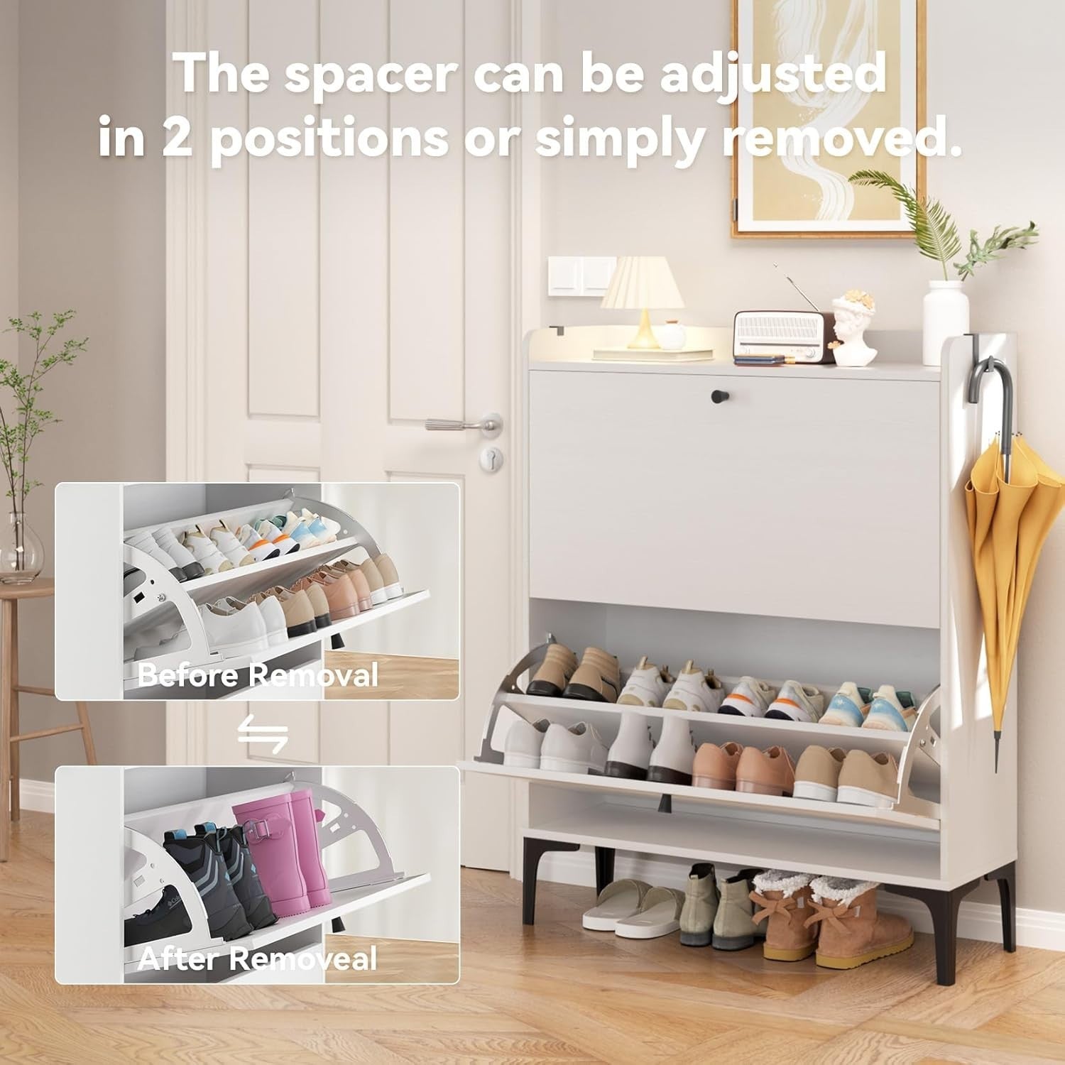 Modern White Shoe Cabinet with Flip Drawers & Adjustable Dividers 80x24x100cm