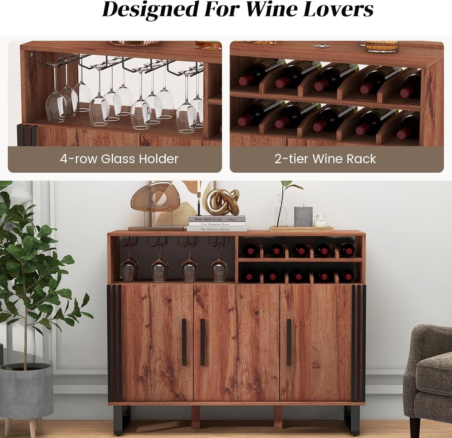 Large Wooden Wine Bar Sideboard Cabinet with Wine Rack & Glass Holder, Rustic