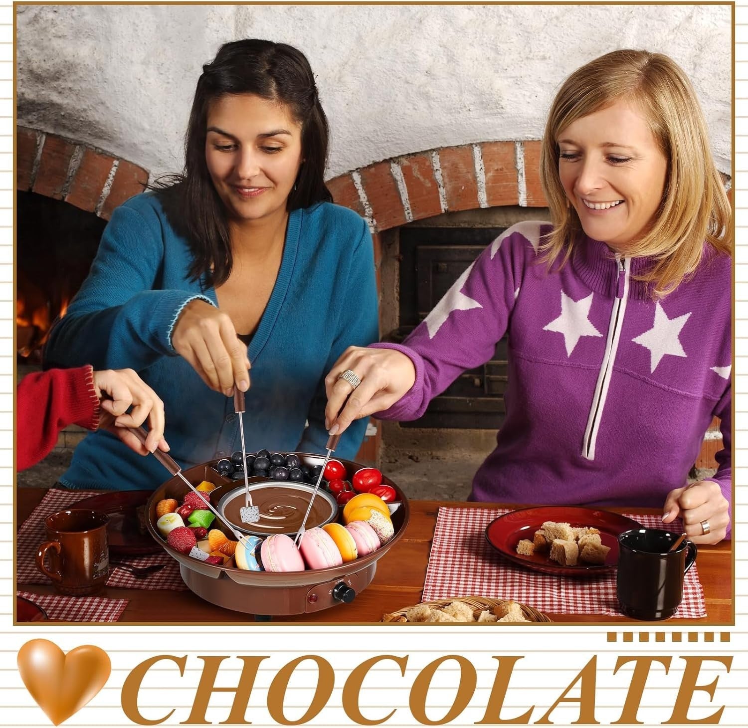 Electric Fondue Pot Set Chocolate Melting Kit Trays Forks Brown