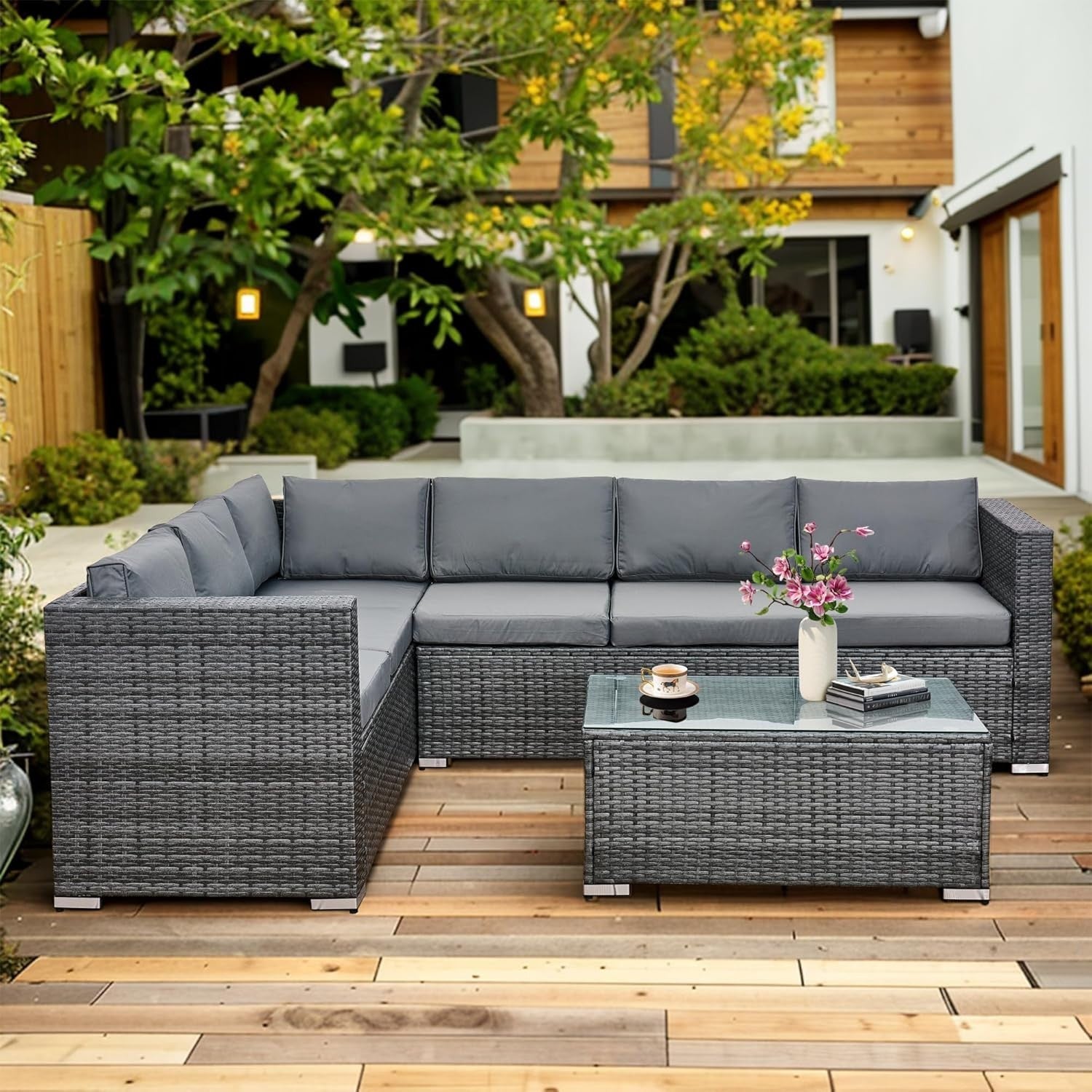 6 Seater Rattan Corner Sofa Set Patio Garden Furniture with Glass Table