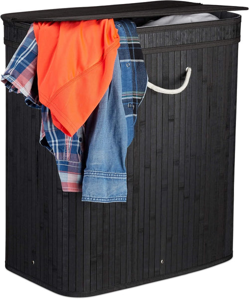72L Black Bamboo Laundry Hamper With Lid 2-Section Ventilated Basket Large