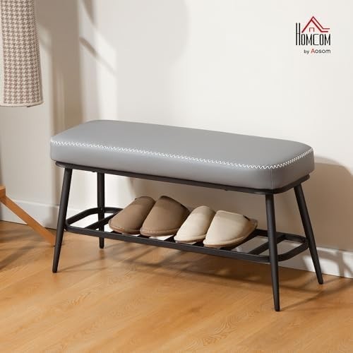 Grey PU Leather Shoe Storage Bench with Cushion Seat & Metal Frame Entryway