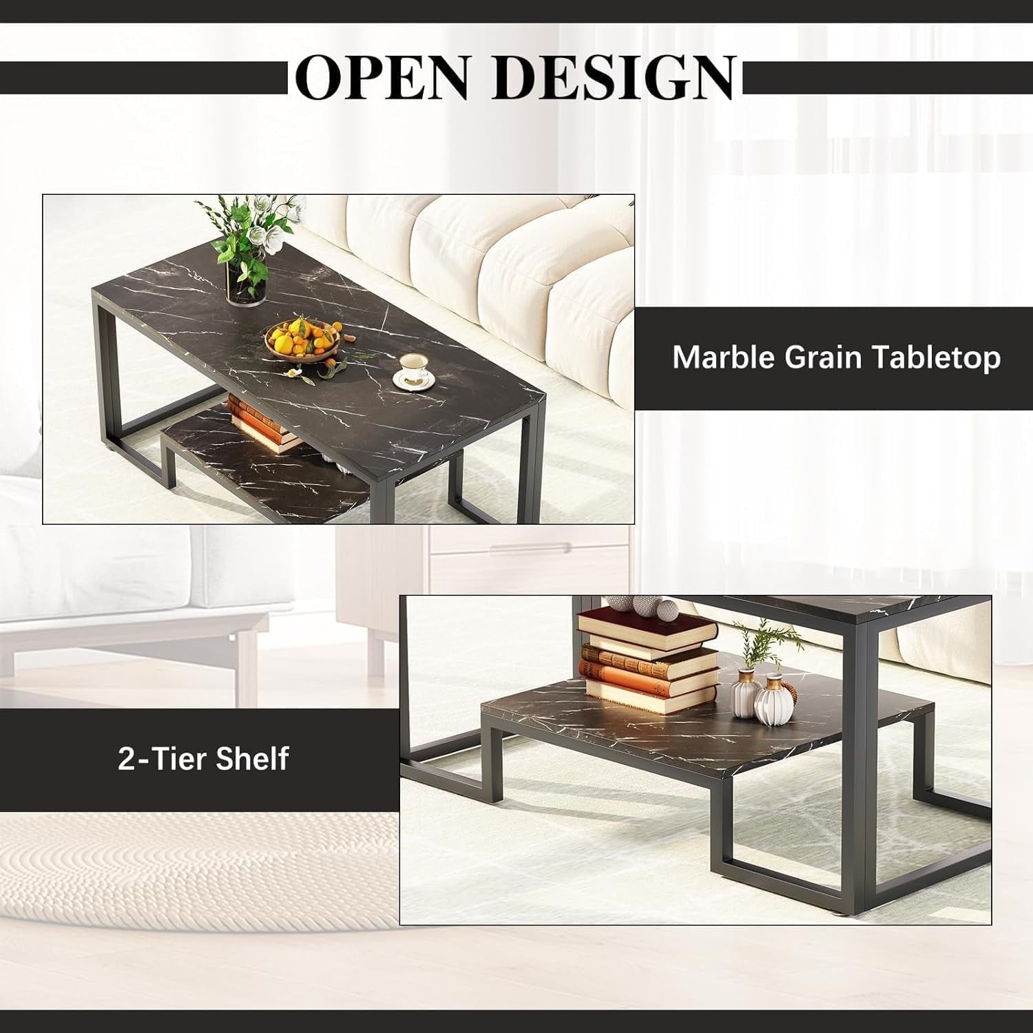 Black Marble Coffee Table with Storage – Modern 2-Tier Metal Frame 100cm
