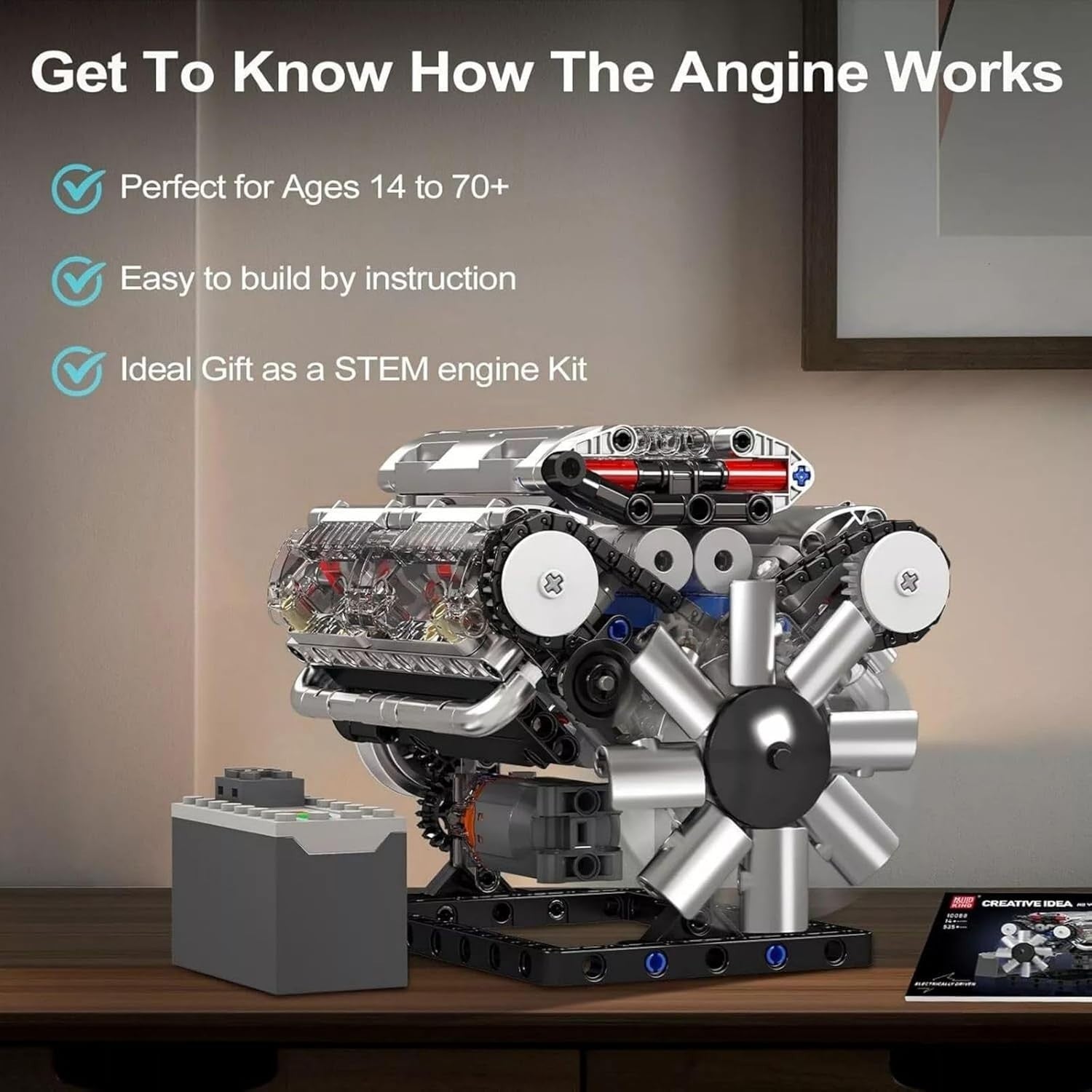 V8 Engine Model Kit 535Pcs Motor Build Set | Realistic Working STEM Toy