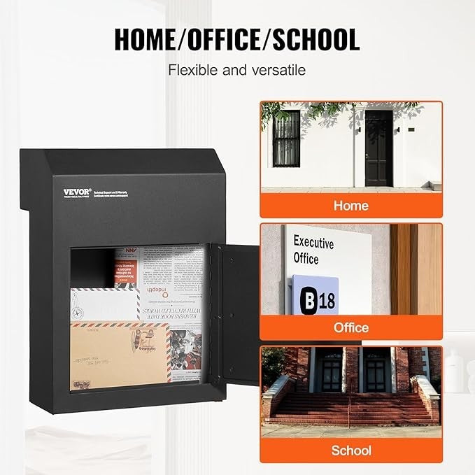 Heavy Duty Door Mail Drop Box Lockable Waterproof Steel Safe 12x6x16" Black