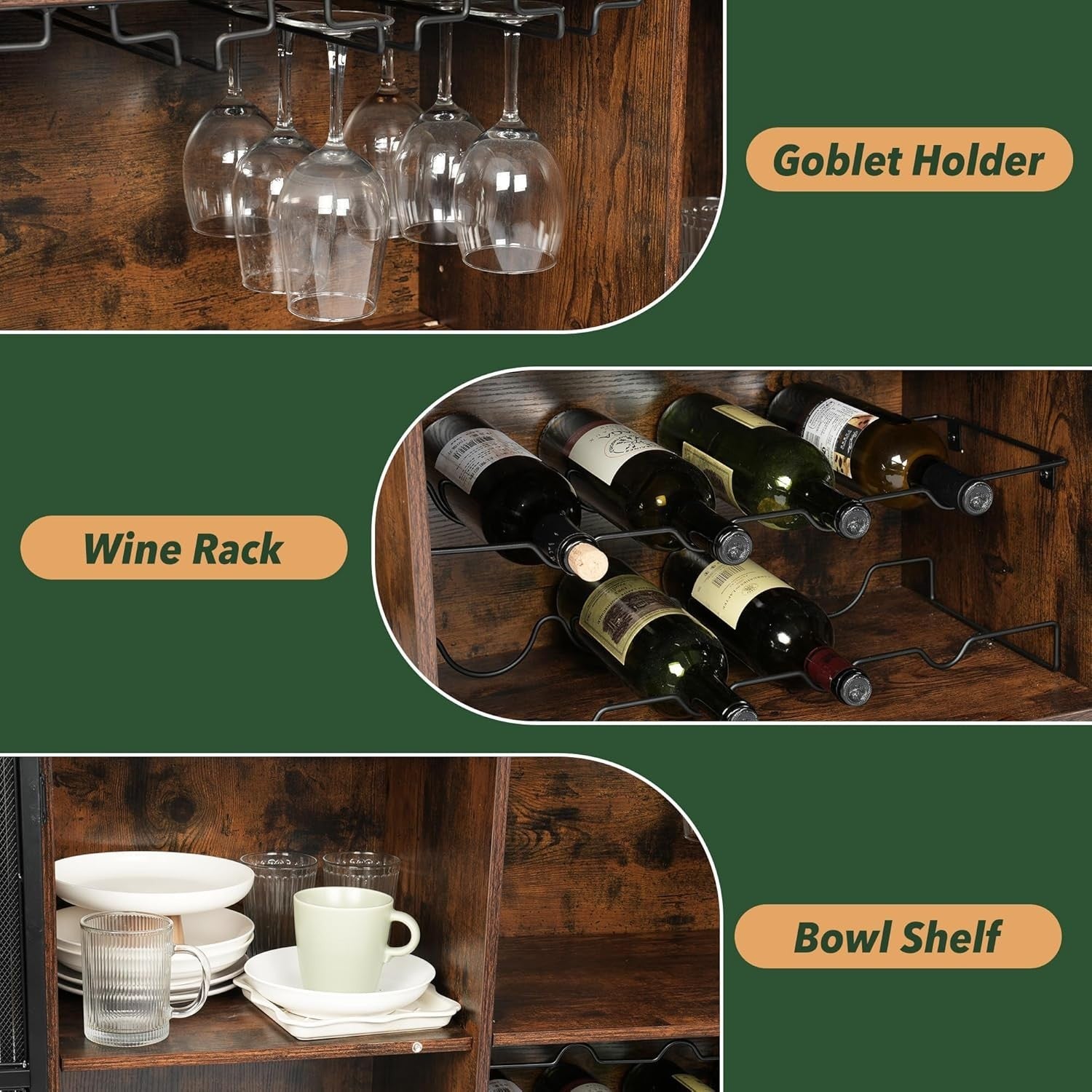 Industrial Wine Bar Cabinet with Glass Holder, Bottle Rack & Storage Sideboard