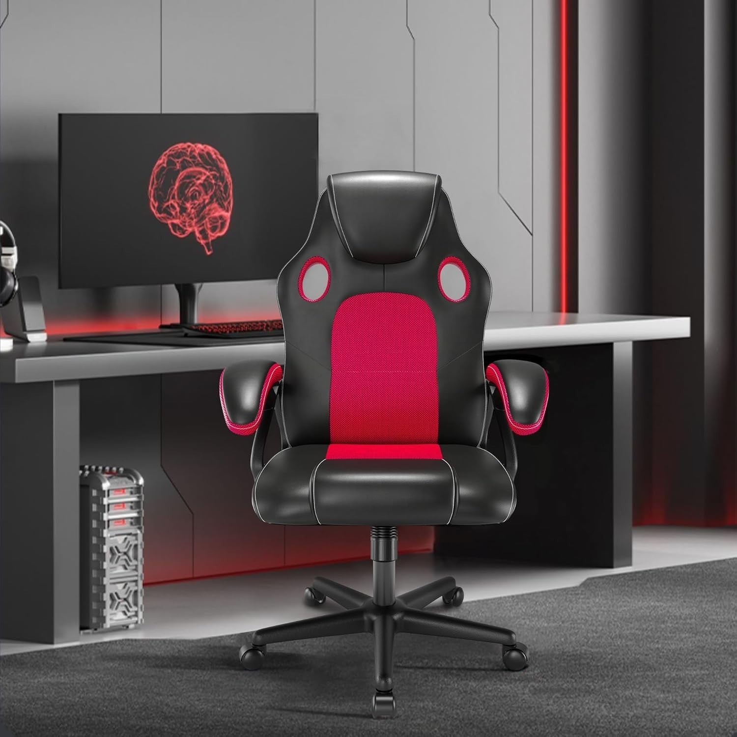 Ergonomic Office Chair Red Faux Leather Recliner Swivel 150KG Support Home Desk