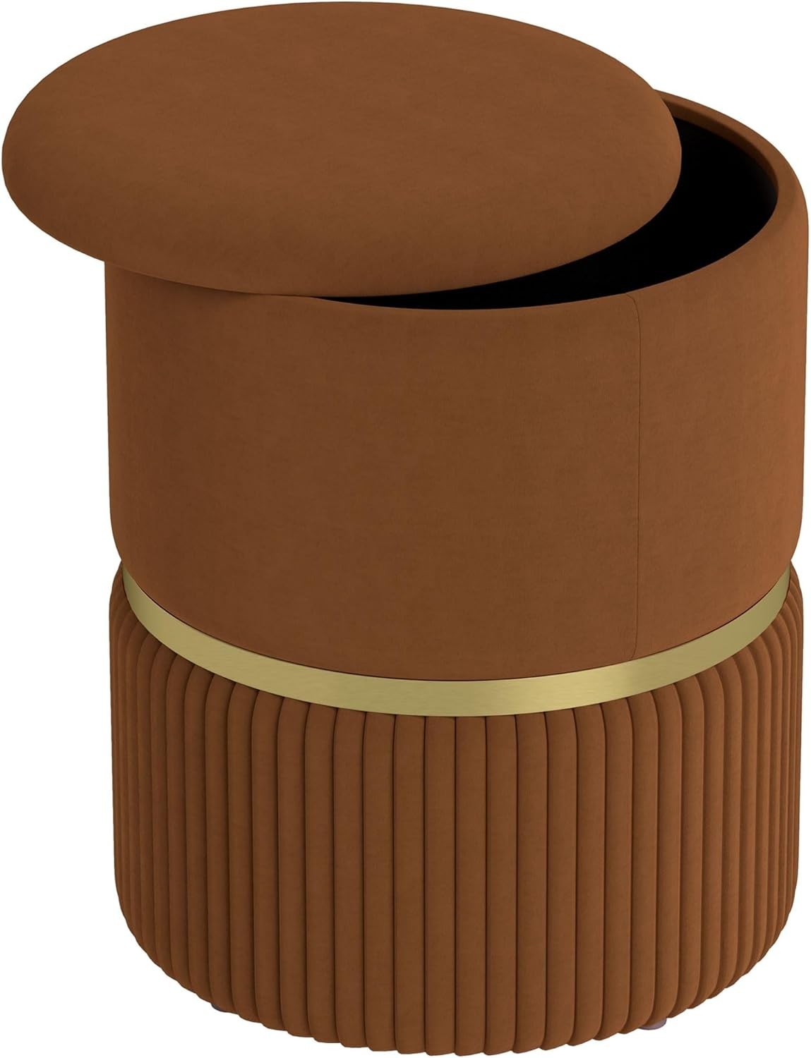 Light Brown Velvet Storage Stool Round Ottoman Padded Seat Vanity Footrest