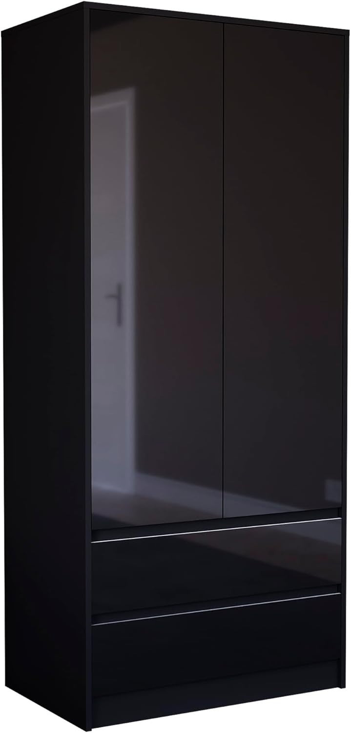 Modern 2 Door Black Wardrobe with 2 Drawers, Hanging Rail & Easy Assembly