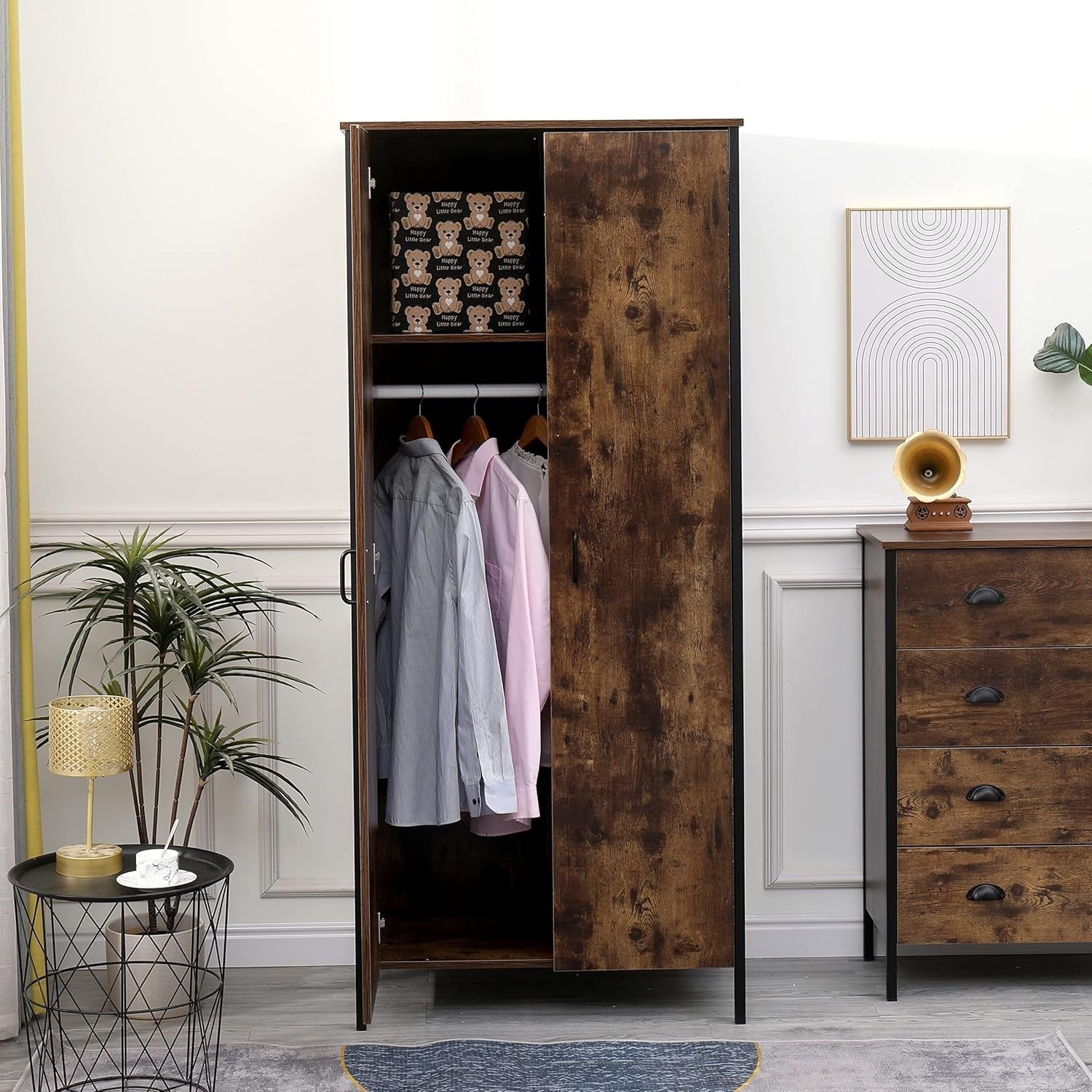 Industrial Metal Wardrobe with Shelves & Hanging Rail Clothes Storage